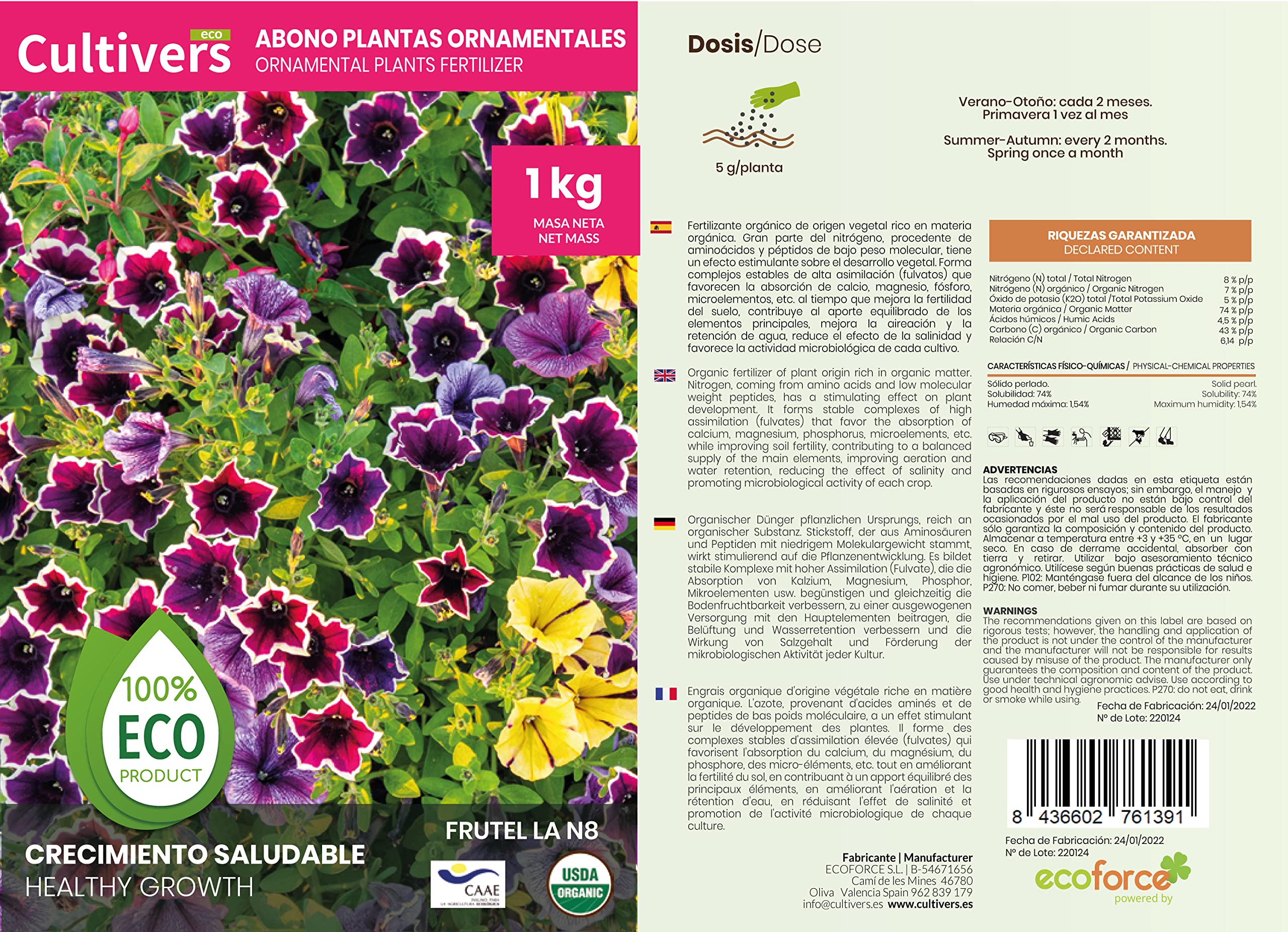 CULTIVERS Engrais Organique Ornemental 20 kg. des Plantes Plus Vertes et Une Plus Grande Floraison. Engrais Granulé Renforce la résistance aux Maladies.