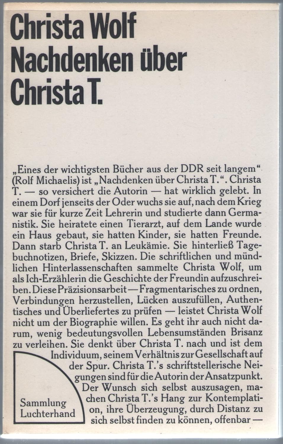 Nachdenken über Christa T. Christa Wolf Amazon.de Bücher