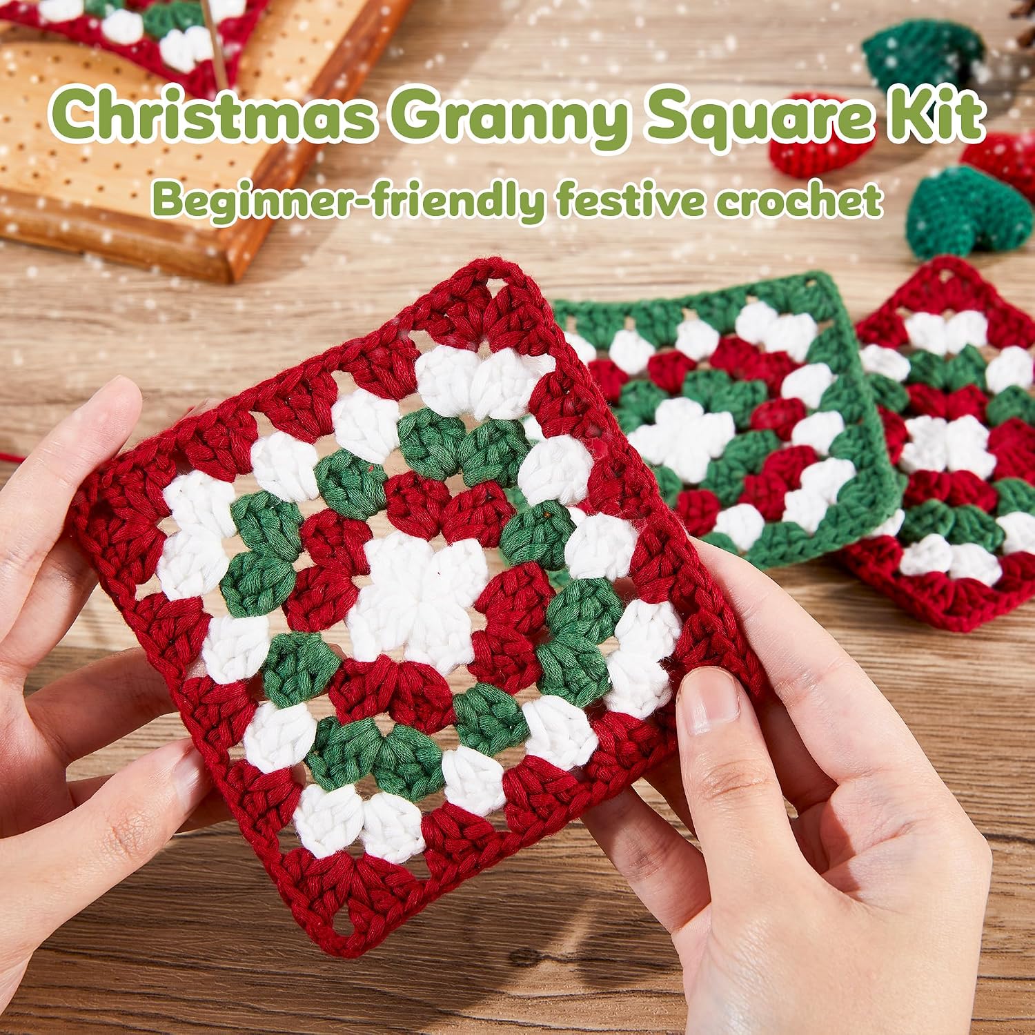 OAKWOOMA Crochet Kit for Beginners, Easy Arts and Crafts Knitting & Crochet Coaster Kit with Step-by-Step Video Tutorials, Crochet Starter Kits for Adults, Teens, Kids (Christmas Granny Square)