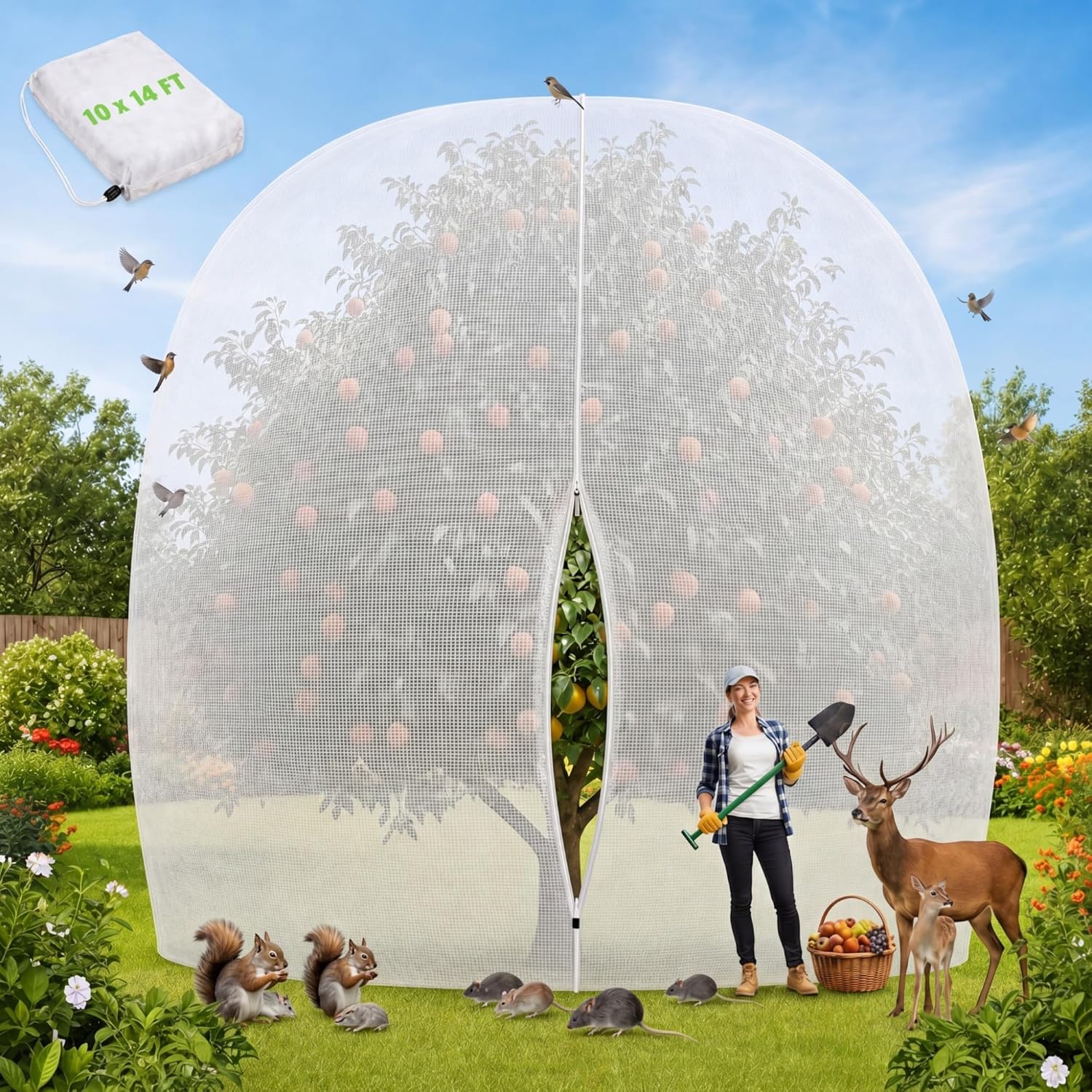 14 x 18 ft Large Fruit Tree Netting for Protecting Fruit from Squirrels Birds Bug Deer & Rat Garden Mesh Netting with Zipper and Drawstring Heavy Duty Tree Covers for Garden Bushes