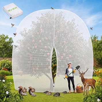 1 Pcs Large Fruit Tree Netting 10 X 14 Ft with Zipper Drawstring | Protect Fruit from Squirrels Birds Bug Deer & Rat, Garden Mesh Netting, Tree Covers for Blueberry Peach Apple Garden Bushes