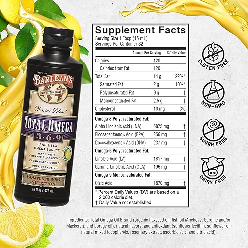 Miniatura 6 de Barleans Master Blend Total Omega 3-6-9 Suplemento de aceite sabor a limonada con 6468 mg de Omega-3 EPADHAALA vegano sin OMG sin gluten 16 onzas