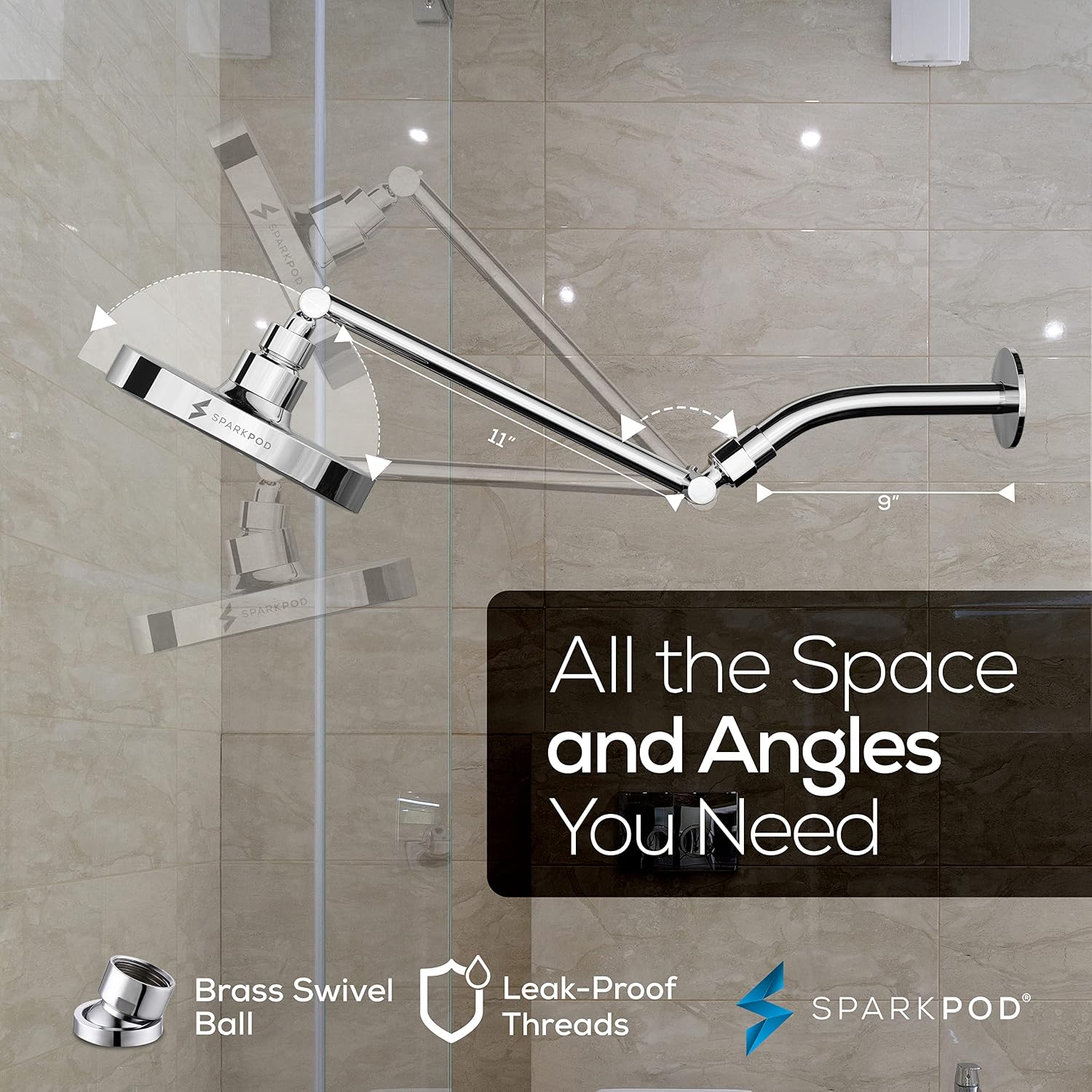 SparkPod 6 Inch High Pressure Rain Shower Head with 9 Inch Stainless Steel Shower Arm and 11 Solid Brass Inch Extension Arm