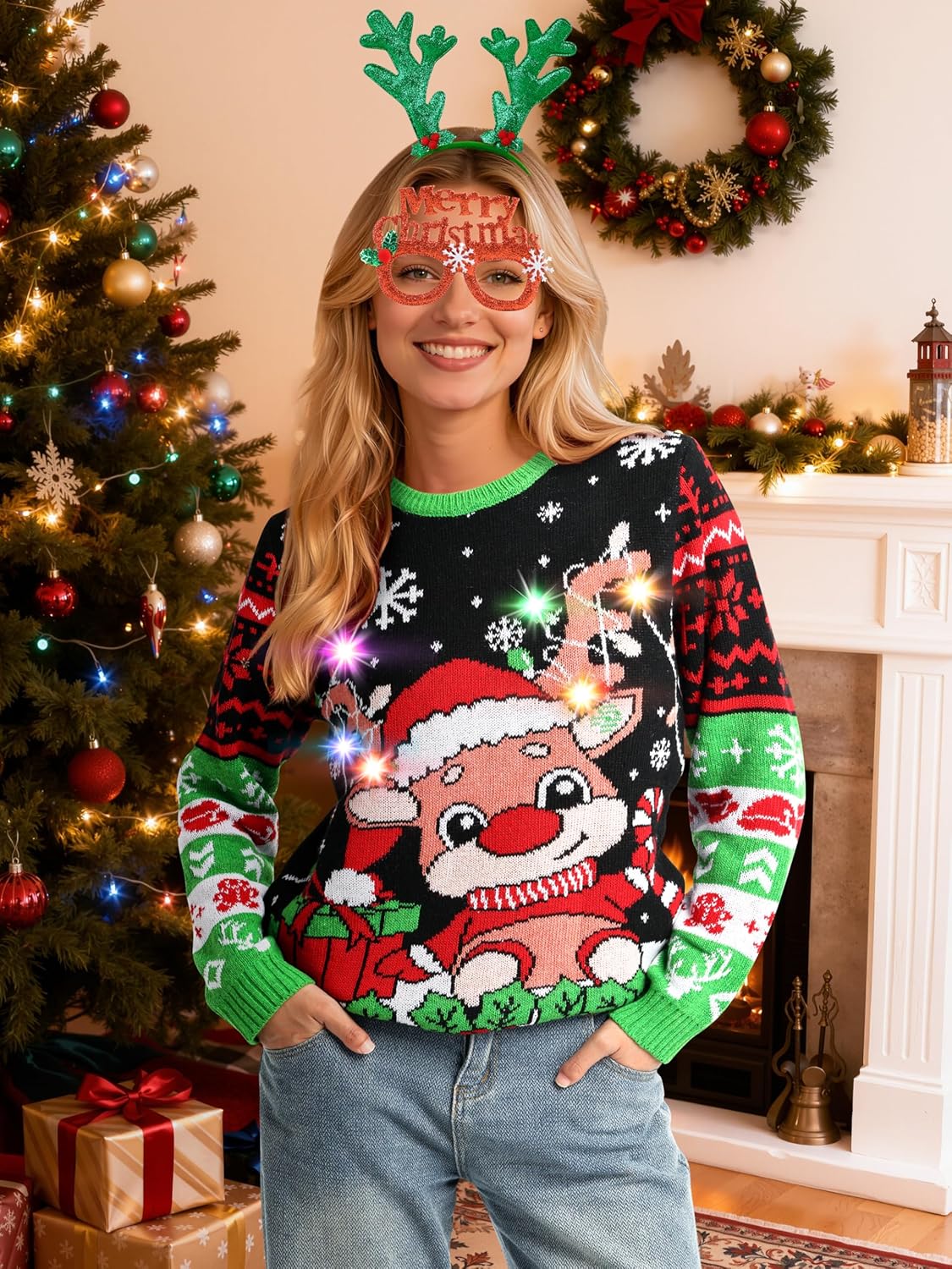SOMSOC 3 Pack Christmas Light Up Ugly Sweaters with Glasses Hat Headband 2025 Women Men Family Xmas Tree Reindeer Outfits - Image 7
