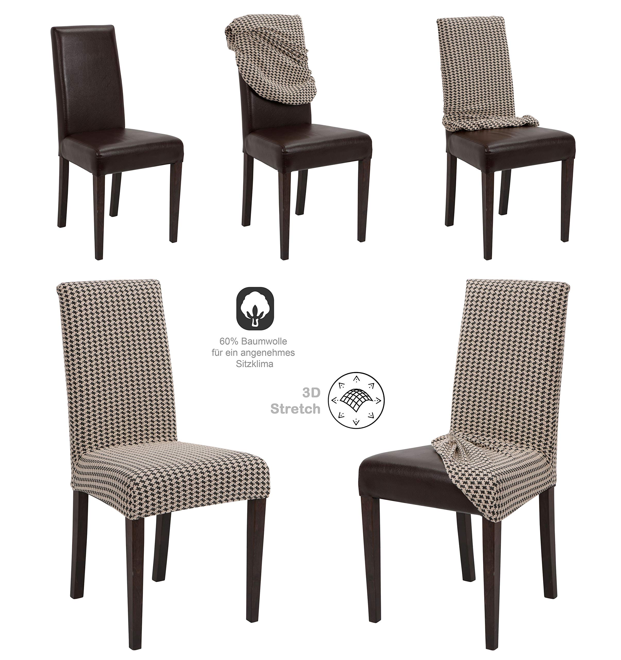 BEAUTEX Stuhlhusse Stretch Stuhl & Schwingstuhl 4er Set Antonella Braun | 60% Baumwolle, 38% Polyester, 2% Elasthan, 240 g/m², Rundum-Gummizug, 30 °C waschbar, faltenarm, formstabil & langlebig