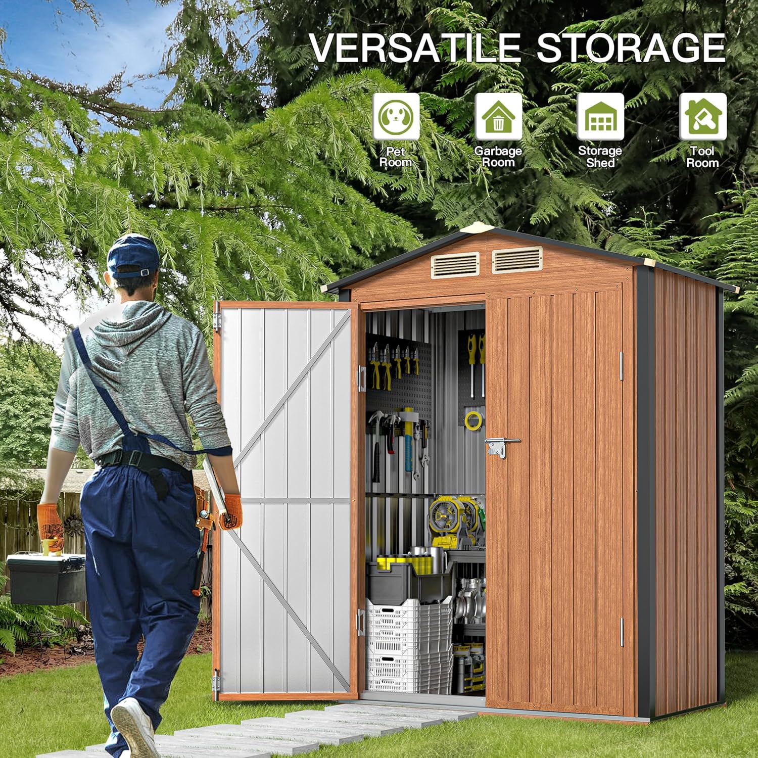 Outdoor Storage Shed, 5x3 Ft Metal Steel Tiny House with Frame Floor Lockable Door, Vertical Outside Storage Building for Garden, Backyard, Lawn, Patio Utility, Tool Storage Outdoor Storage Shed, 5x3 Ft Metal Steel Tiny House with Frame Floor Lockable Door, Vertical Outside Storage Building for Garden, Backyard, Lawn, Patio Utility, Tool Storage
