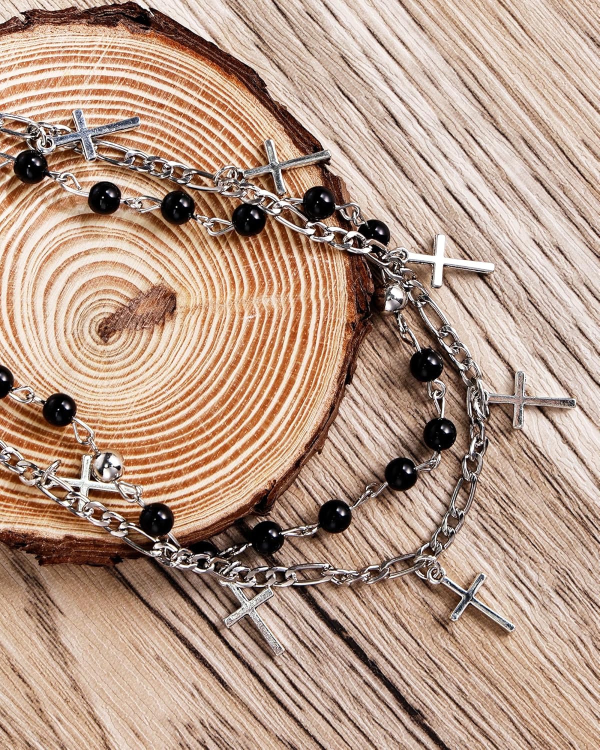 Punk Layered Cross Choker Necklace for Women Gothic Stackable Rosary Cross Necklace with Figaro Chain, Statement Bead Silver Jewelry - Image 5
