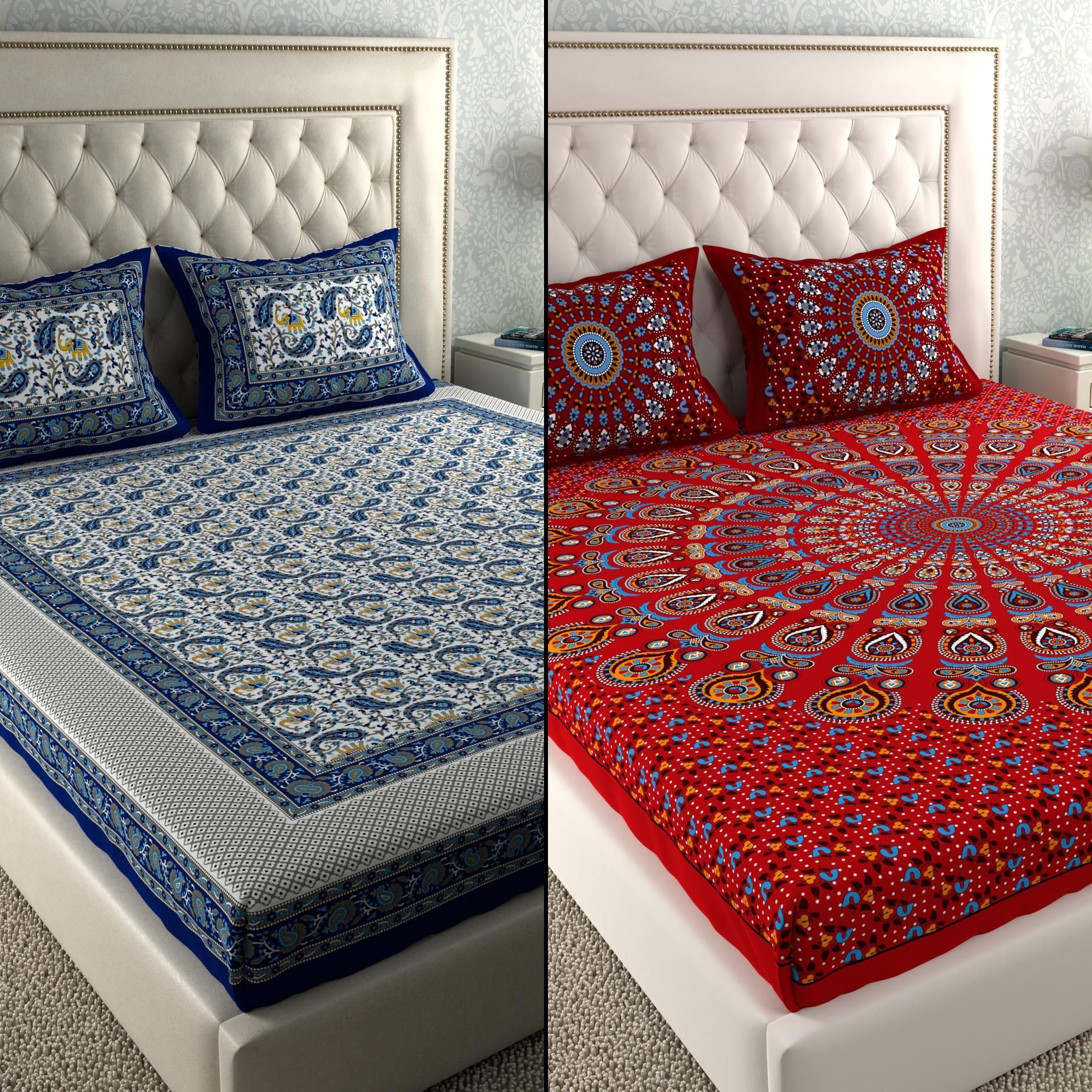 Jaipuri Cotton Bedsheets - 2 Double Sets with Pillow Covers -25