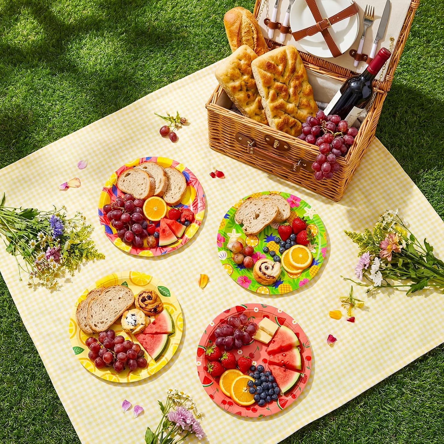 FoldTier 100 Pcs 9 Inch Fruit Paper Plates, Summer Disposable Dessert Plates, Dinnerware Set Platters Pineapple Watermelon Table Decorations for Cake Salad Fruit Party Supplies, 4 Styles
