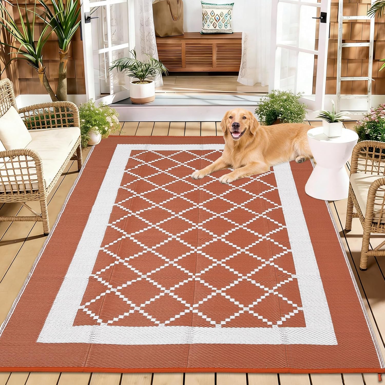 Outdoor Rug for Patio 9x12 Waterproof Camping Mat Reversible Plastic Straw Floor Carpet Modern Diamond Indoor Outdoor Large Area Rug for RV Deck Balcony Backyard Orange/White
