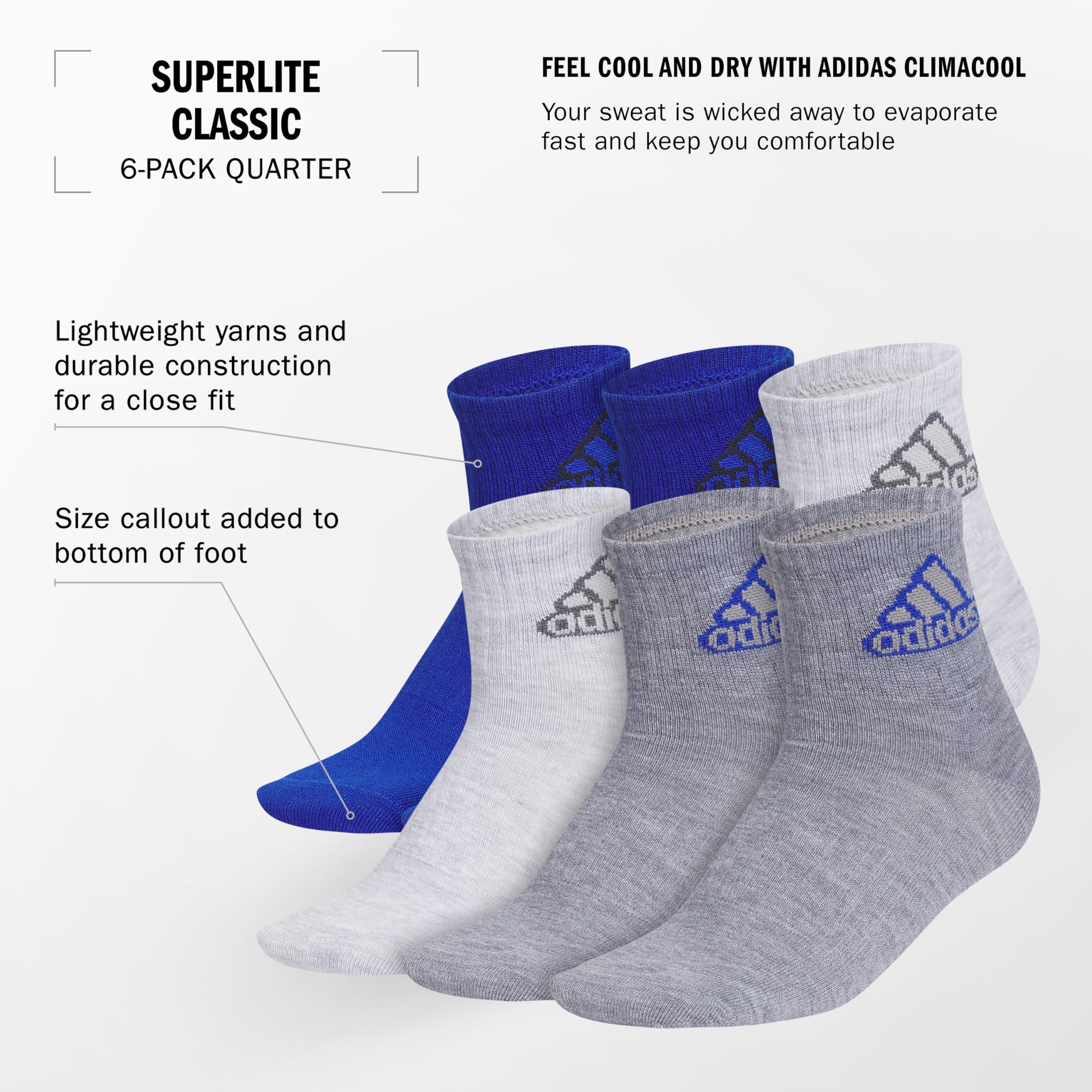Superlite Classic Quarter Socks (6-Pairs) for Kids, Boys, Girls - lightweight, breathable athletic fit