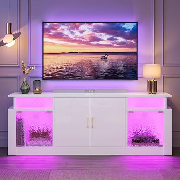 Bestier TV Stand for 65/70 inch TV, LED Light Entertainment Center with Storage Cabinets & Adjustable Shelves, Modern TV Console with Acrylic Door, TV Stands for Living Room Bedroom, Glossy White