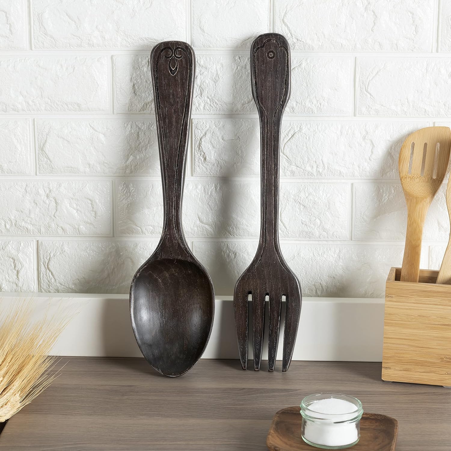 Heather & Willow 16" Wooden Jumbo Fork and Spoon Wall Decor Set of 2 | Large Spoon and Fork Wall Decor | Modern Farmhouse Kitchen Decor | Vintage Rustic Home & Kitchen Wall Decoration