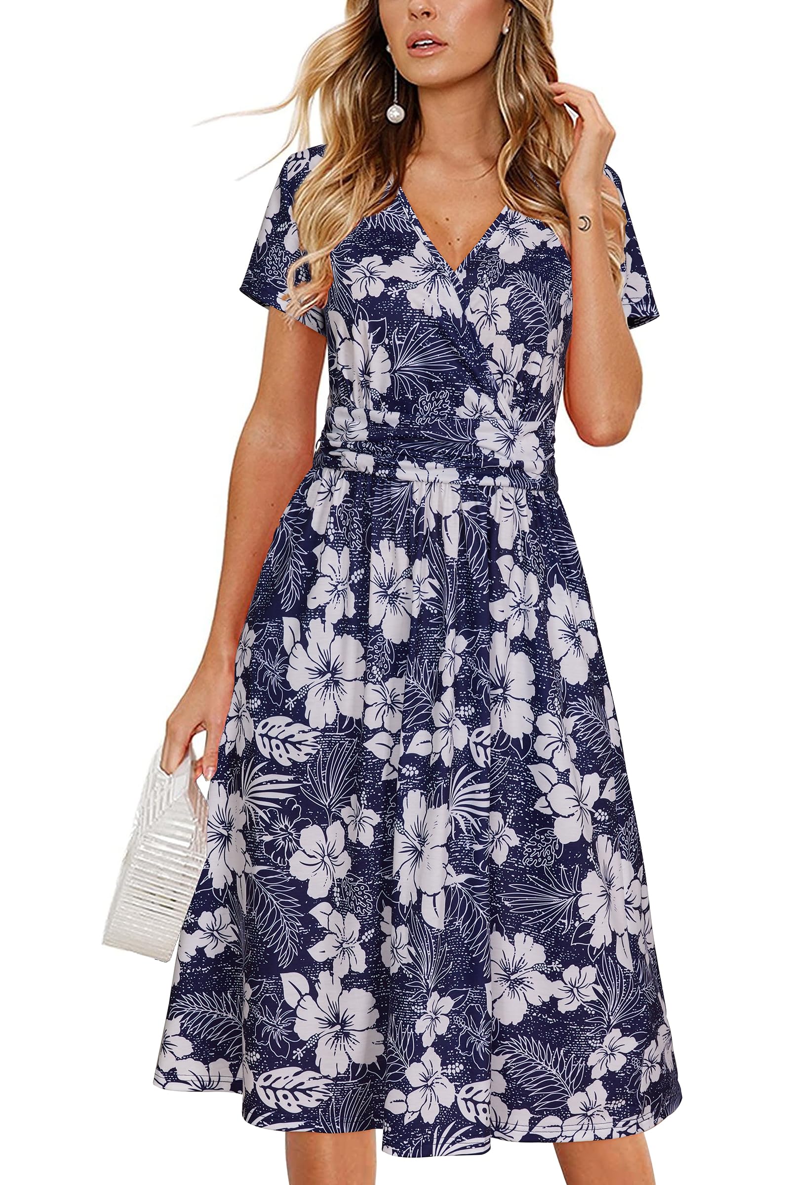 OUGES Women's Summer Short Sleeve V-Neck Floral Short Party Dress with Pockets