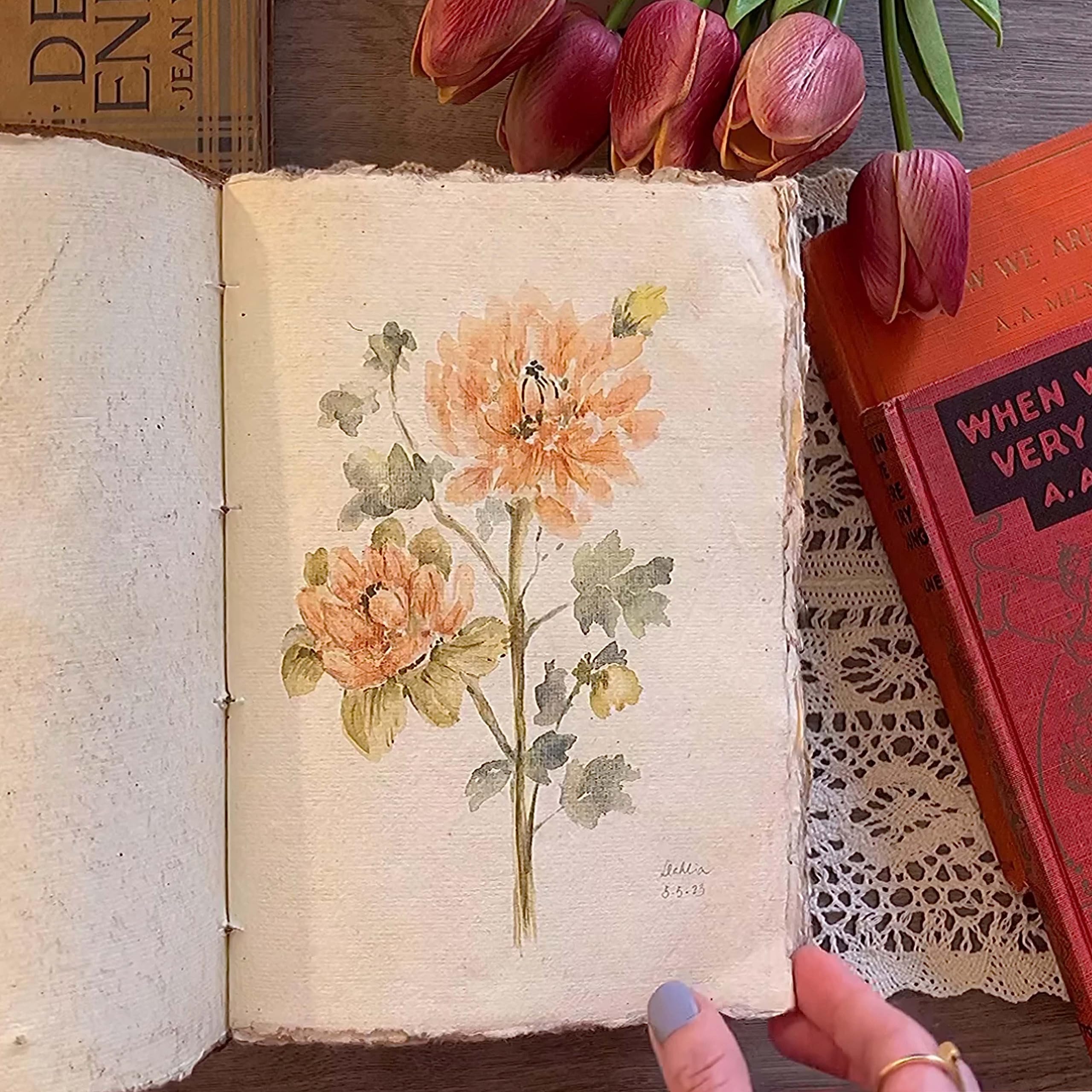 Tagebuch aus Leder, mit Blumenmuster, 20,3 x 15,2 cm, Türkis