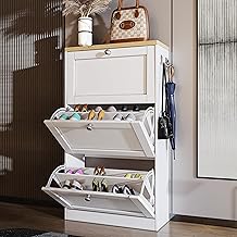 Shoe Storage Cabinet with 3 Flip Drawers Shoe Cabinets Wooden Slim Rack Cabinet Cupboard Freestanding Storage Organiser for Hallway Entryway White 80W x 24D x 128.5H cm