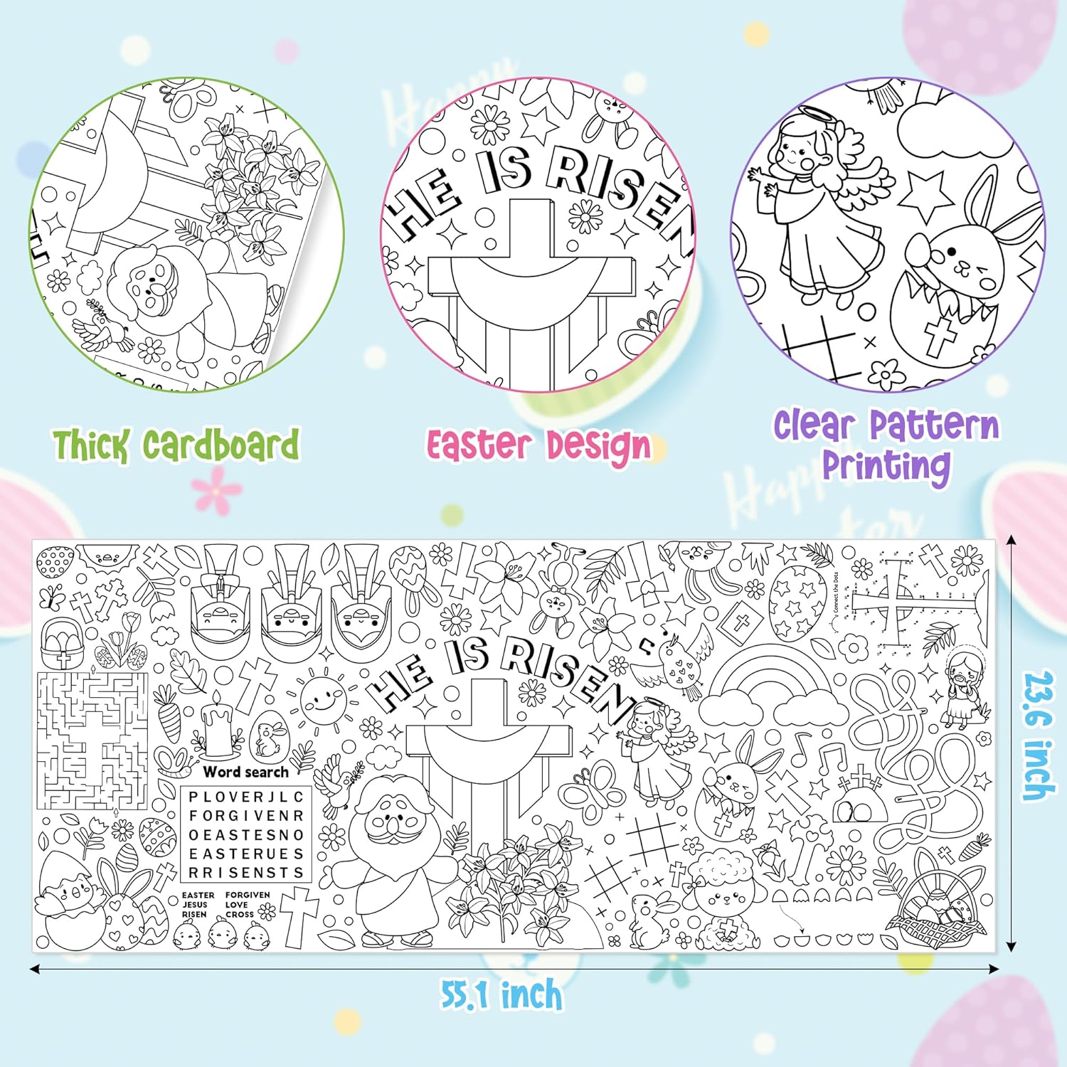 Easter He is Risen Giant Coloring Game Poster for Kids - Huge Religious Theme Blank Paper Banner Large Coloring Table Cover for Classroom Home Party DIY Art Craft Activity Supplies Favor 55 x 23.6 in