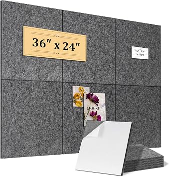 Fabric Bulletin Board 36"x24", 6-Pack Felt Wall Tiles, Gray | Cork Board Alternative, Self-Adhesive, Square Pin Board, for Home Office Wall Decor, 60 Push Pins