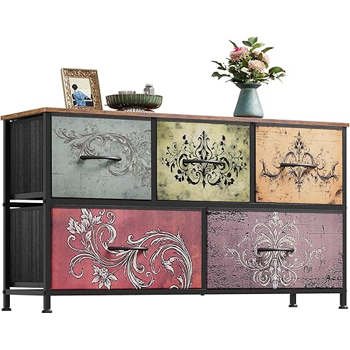 WLIVE Dresser for Bedroom with 5 Drawers, Wide Chest of Drawers, Fabric Dresser, Storage Organizer Unit with Fabric Bins for Closet, Living Room, Hallway, Pattern