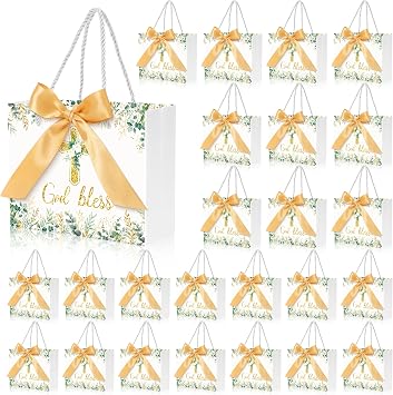 H1vojoxo 25PCS Religious Baptism Gift Bags with Handles and Ribbon | 7.5x2.8x5.9, Cross Christian God Bless Paper Gift Bags, Church, Wedding, Baby Shower, First Communion, Birthday Party Favor