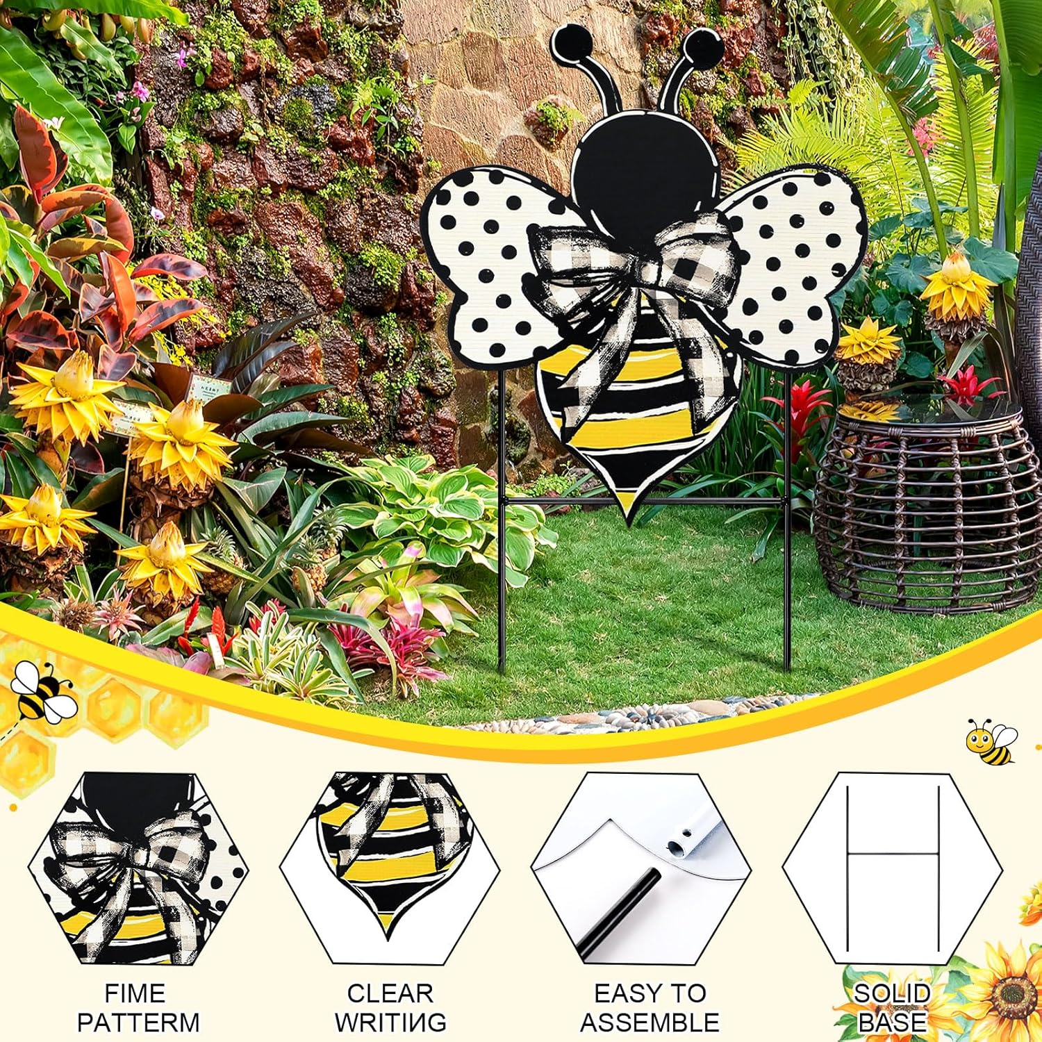 Weysat Summer Yard Sign Polka Dot Bee Metal Decoration Outdoor 13.7 Inch Summer Decoration for Home Outdoor Honey Bee Welcome Porch Decor with Stakes Waterproof for Garden Patio Lawn Party Walkway