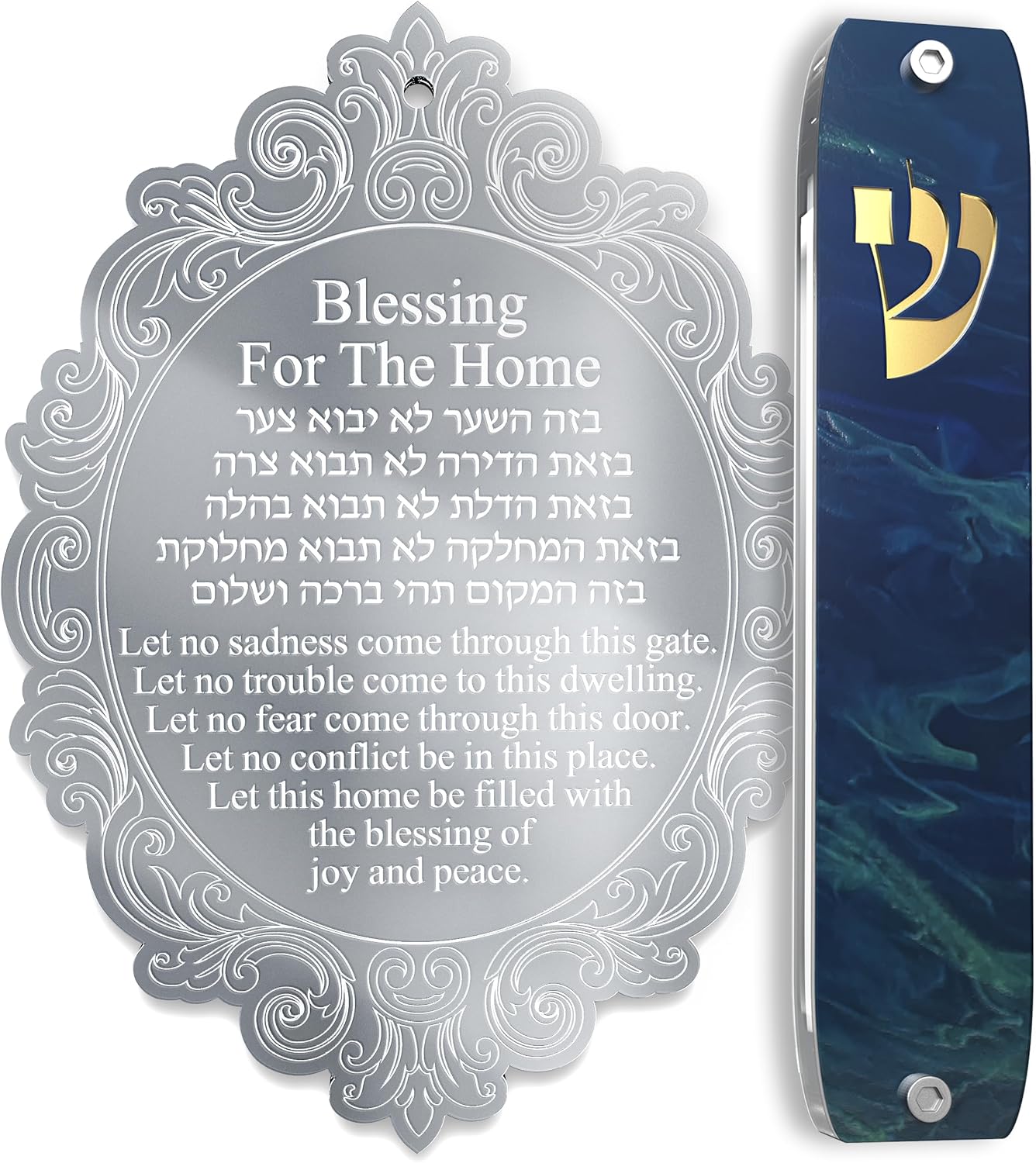 TYLDUM Jewish Silver Home Blessing Gifts Hebrew and English Engraving and Handmade Modern Mezuzah for Door Without Kosher Classic Style Deep Sea