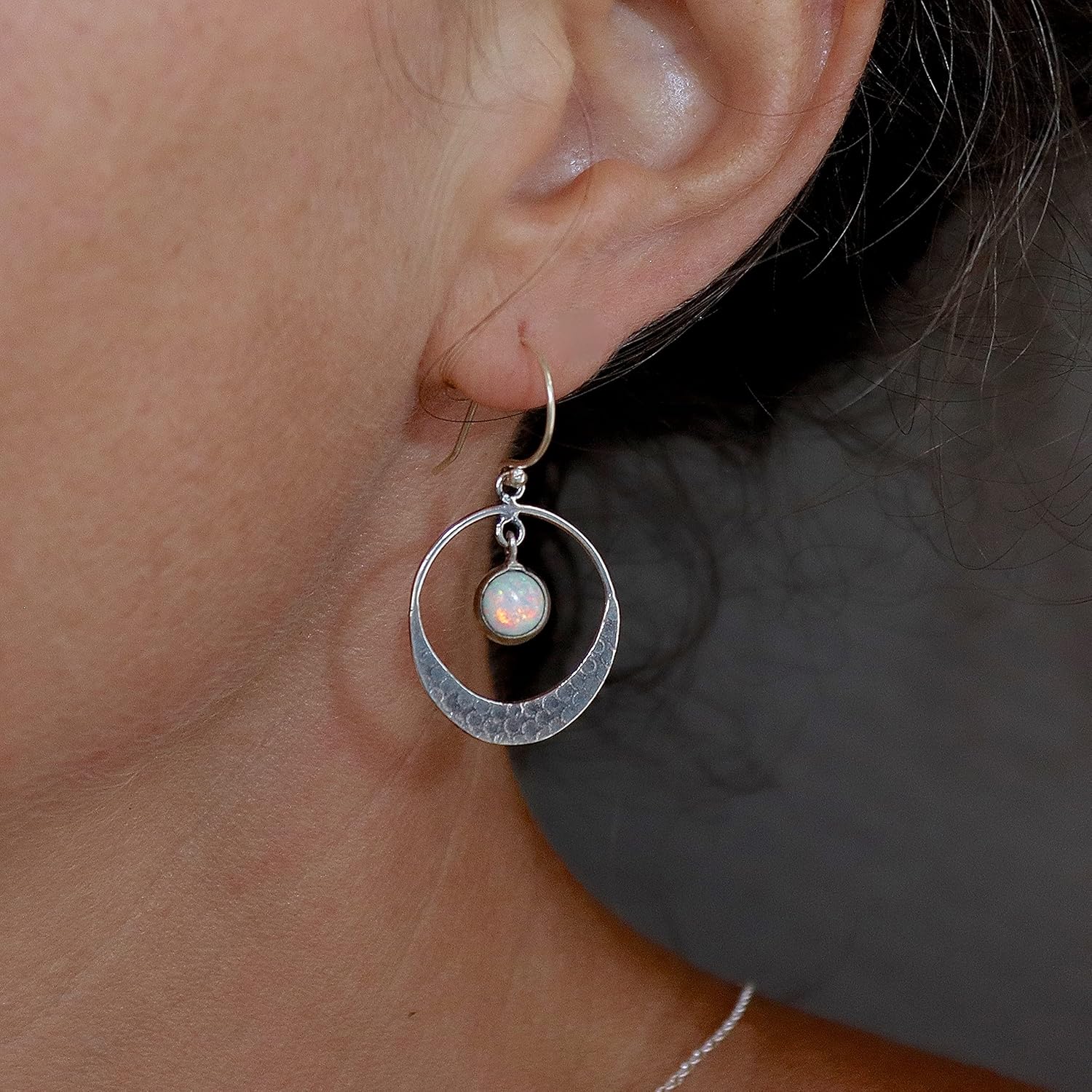 White Opal earrings, Sterling silver 925 dangle earring for women, Open hoop with stone dangle in the center, Hammered silver earrings, Unique silver earrings