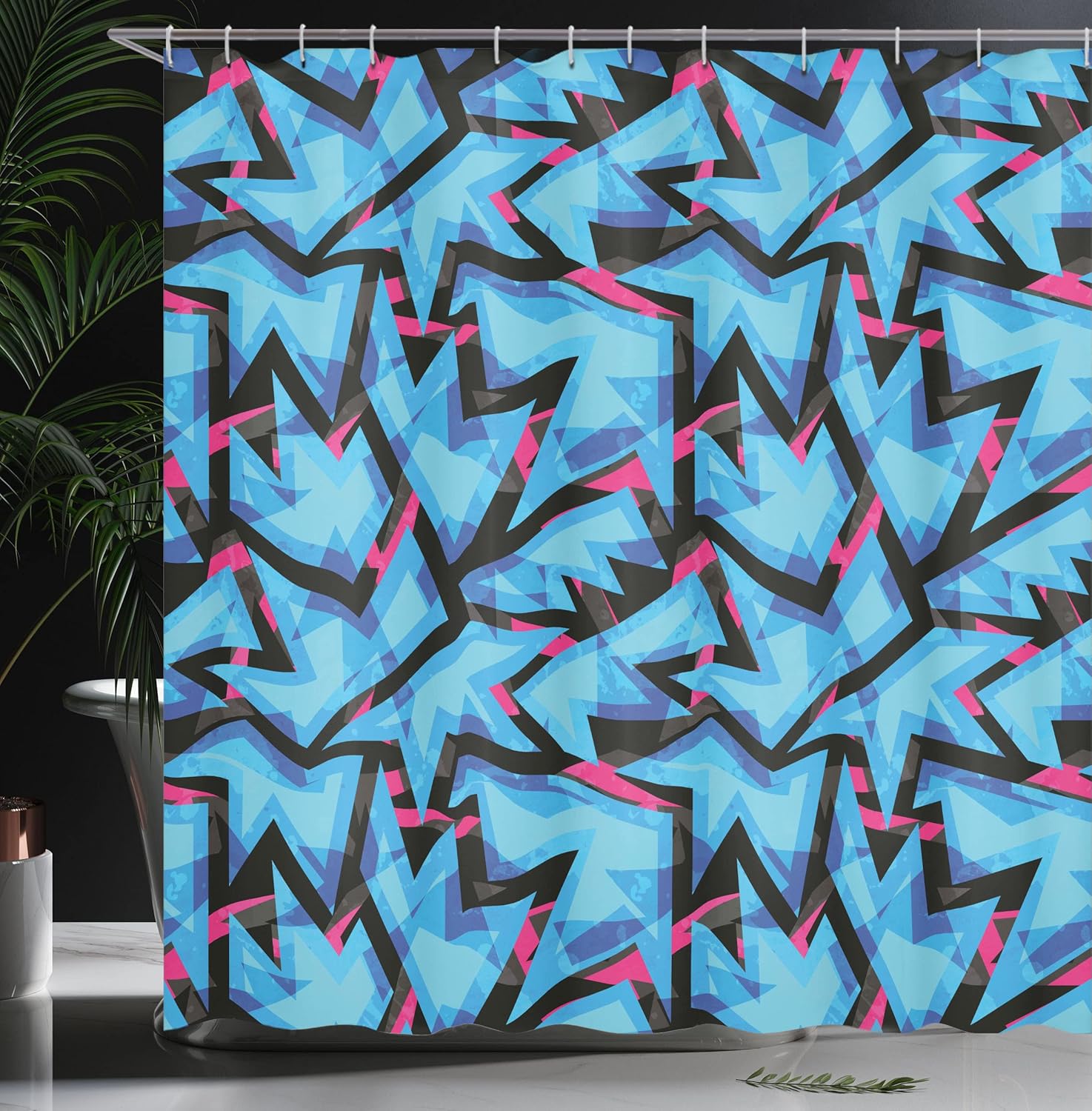 Ambesonne Abstract Shower Curtain, Trippy Neon in Contrast with Grunge Digital Effects Illustration, Cloth Fabric Bathroom Decor Set with Hooks, 69" W x 75" L, Sky Blue Black Pink