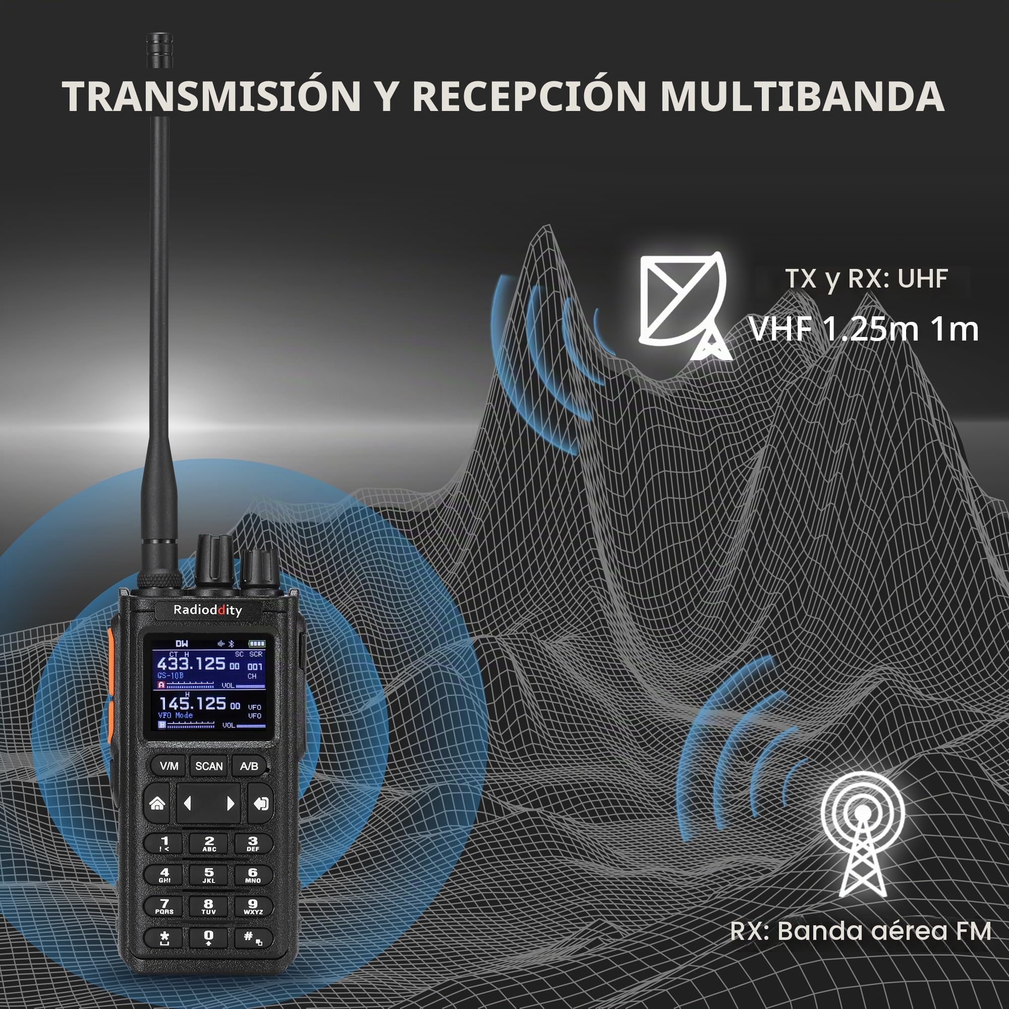 Radioddity GS-10B Radio Ham 8W, Radio Bidireccional Largo Alcance con Programación App Inalámbrica, UHF VHF FM Aviación, Dual PTT, Batería 2500mAh & USB-C, Reducción Ruido & Sincroniz de Canales