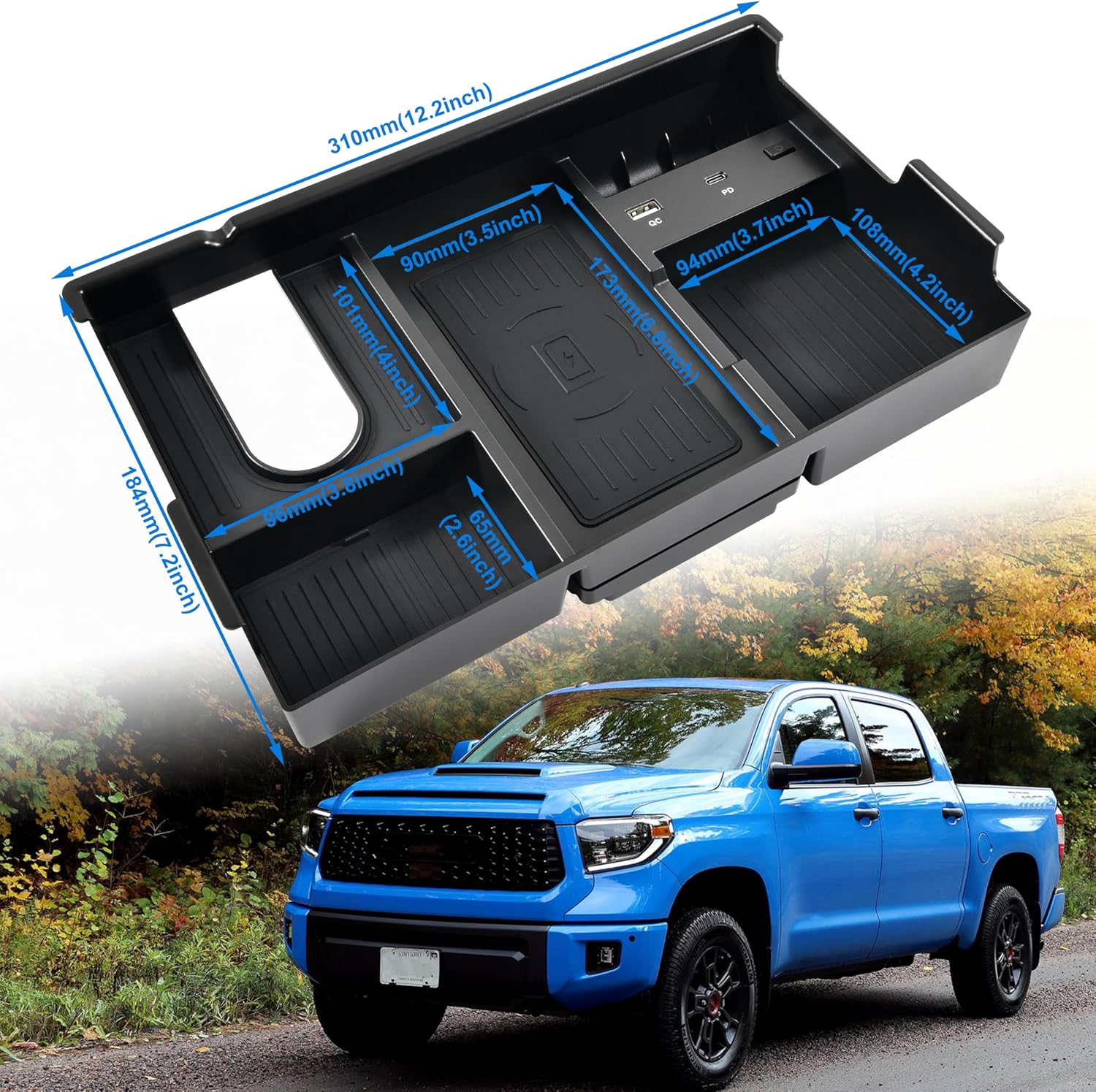 Wireless Charger for Toyota Tundra 2014-2021, Center Console Organizer Tray USB-A USB-C Fast Phone Charging Panel Pad Armrest Storage Box for Toyota Tundra 2017 2018 2019 2020 Accessories
