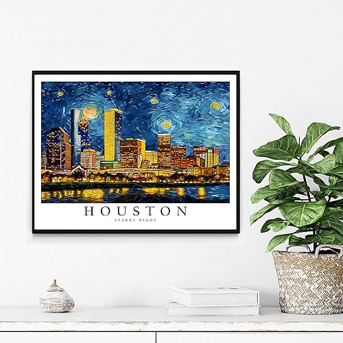 Miniatura 5 de Póster de impresión artística de Houston, decoración de pintura de pared con temática de noche estrellada de Houston, arte de Texas para dormitorio,