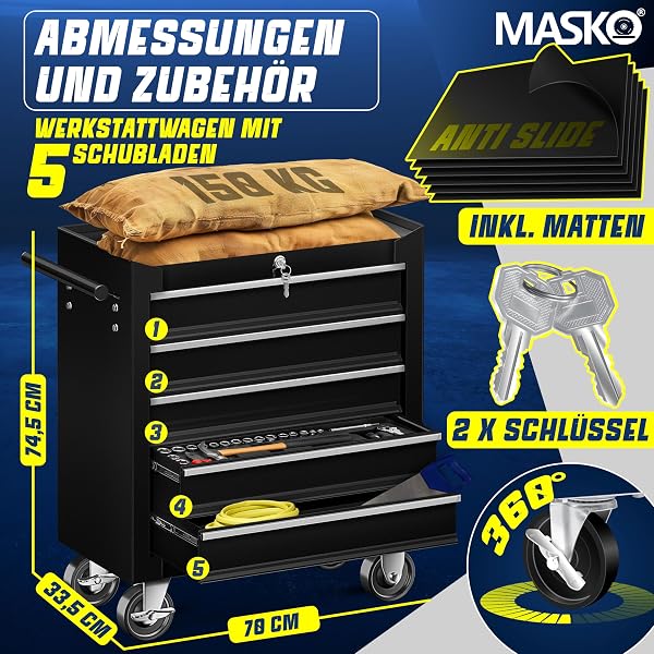 Masko® Carrello da officina - 5 Scomparti - Nero | Chiudibile a chiave | Metallo massiccio | Carrello mobile per attrezzi senza utensili | Carrello da officina professionale senza assortimento - 2