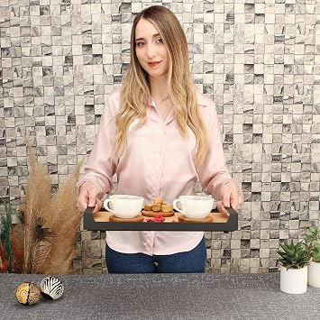 practicaloutdoor Small Raw Color Serving and Presentation Tray, Wooden Tray with Metal Handle - 42X22.5 cm