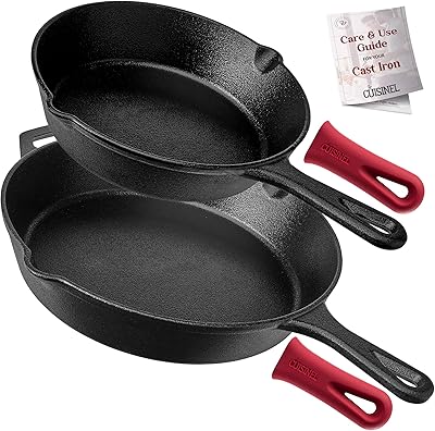 Cast Iron Skillet Set - 8" + 12"-Inch Frying Pan - Pre-Seasoned Oven Safe Cookware + 2 Heat-Resistant Handle Holder Grips - Indoor/Outdoor Use - Grill, Stovetop, BBQ, Camping Fire Pit, Induction Safe