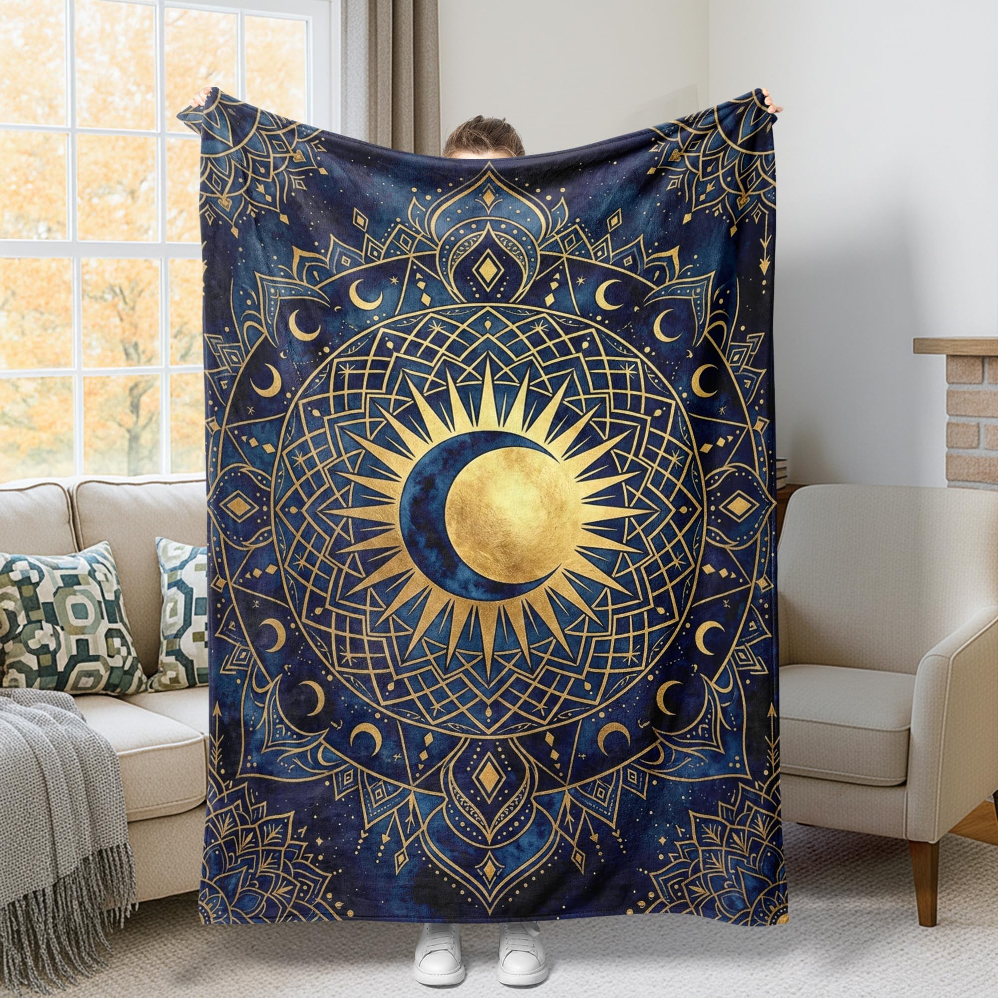 Manta de sol y luna mística azul marino acogedora ligera de 50x60