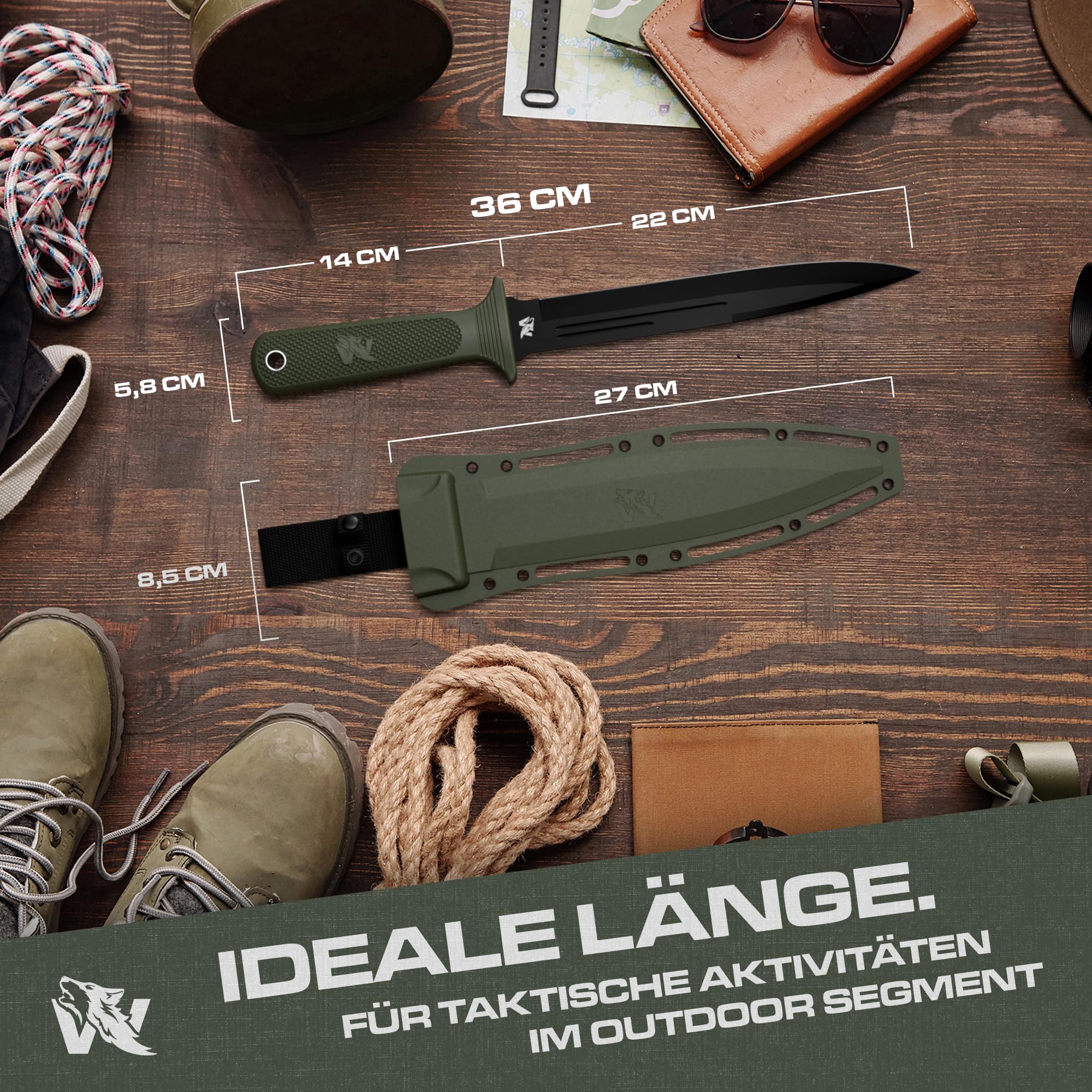 ODENWOLF W Catcher - Großes Jagdmesser aus D2-Stahl - Großes Feststehendes Messer mit Scheide - Einschneidiges Schwert mit TPE-Griff - Full Tang Survival Messer für Outdoor Aktivitäten