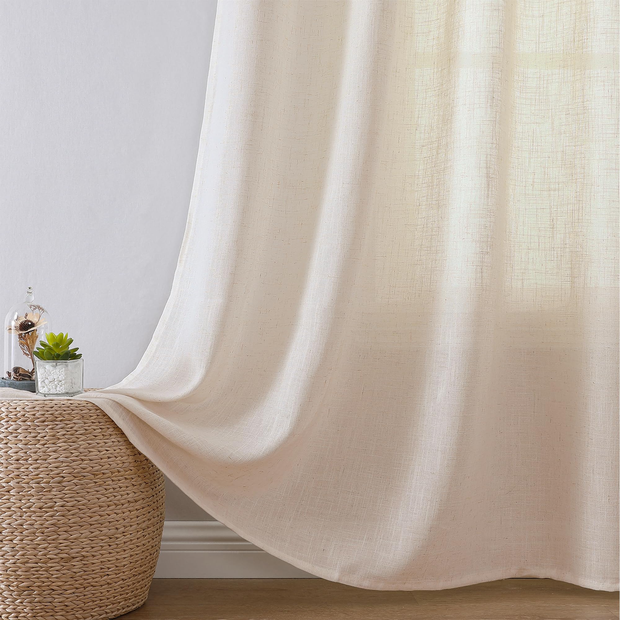 Joydeco Rideau Voilage Lin Semi-Transparent à Oeillets 132x225cm 2 Panneaux, Voilages Beiges pour Décoration Fenêtre de Salon Chambre Bureau et Protection de la Vie Privée
