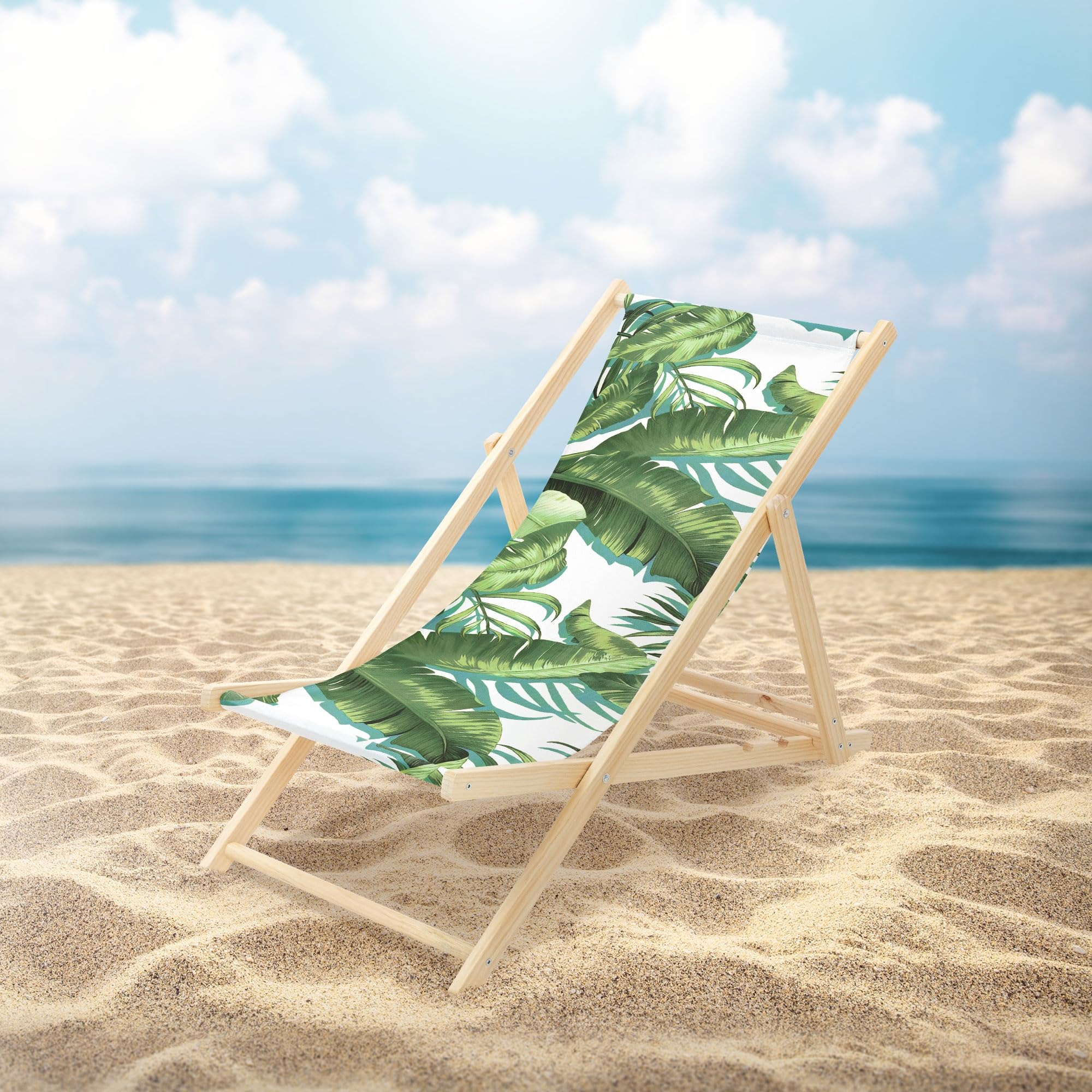 ECD Germany 2er Set Liegestuhl klappbar Tropical Grün-Weiß, aus Holz, Sonnenliege mit verstellbarer Rückenlehne, Strandliege bis 120 kg, Gartenliege, Strandstuhl, Relaxliege für Garten Balkon Terrasse