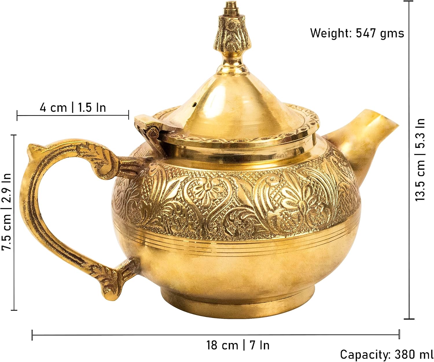 Putrika Traditional Handcrafted Brass Tea Kettle | Tea Pot | Engraved Design Pot | Coffee Pots |Serving Tea And Coffee Beverages| Antique Brass Look Kettle | Decorative Tea Pot, Medium, Gold