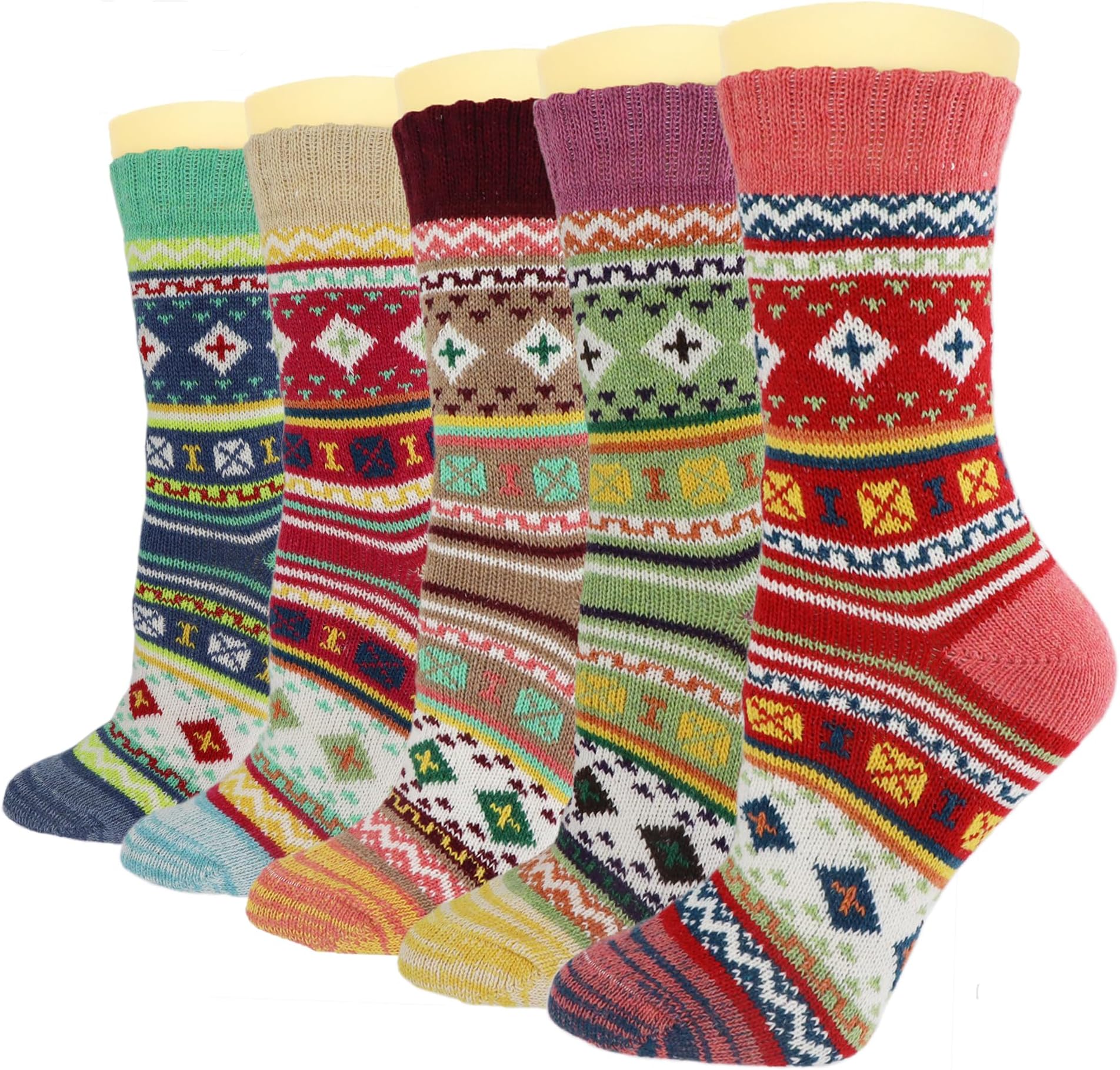 5Pack Womens Vintage Winter Soft Warm Thick Cold Knit Wool Crew Socks, Multicolor, free size
