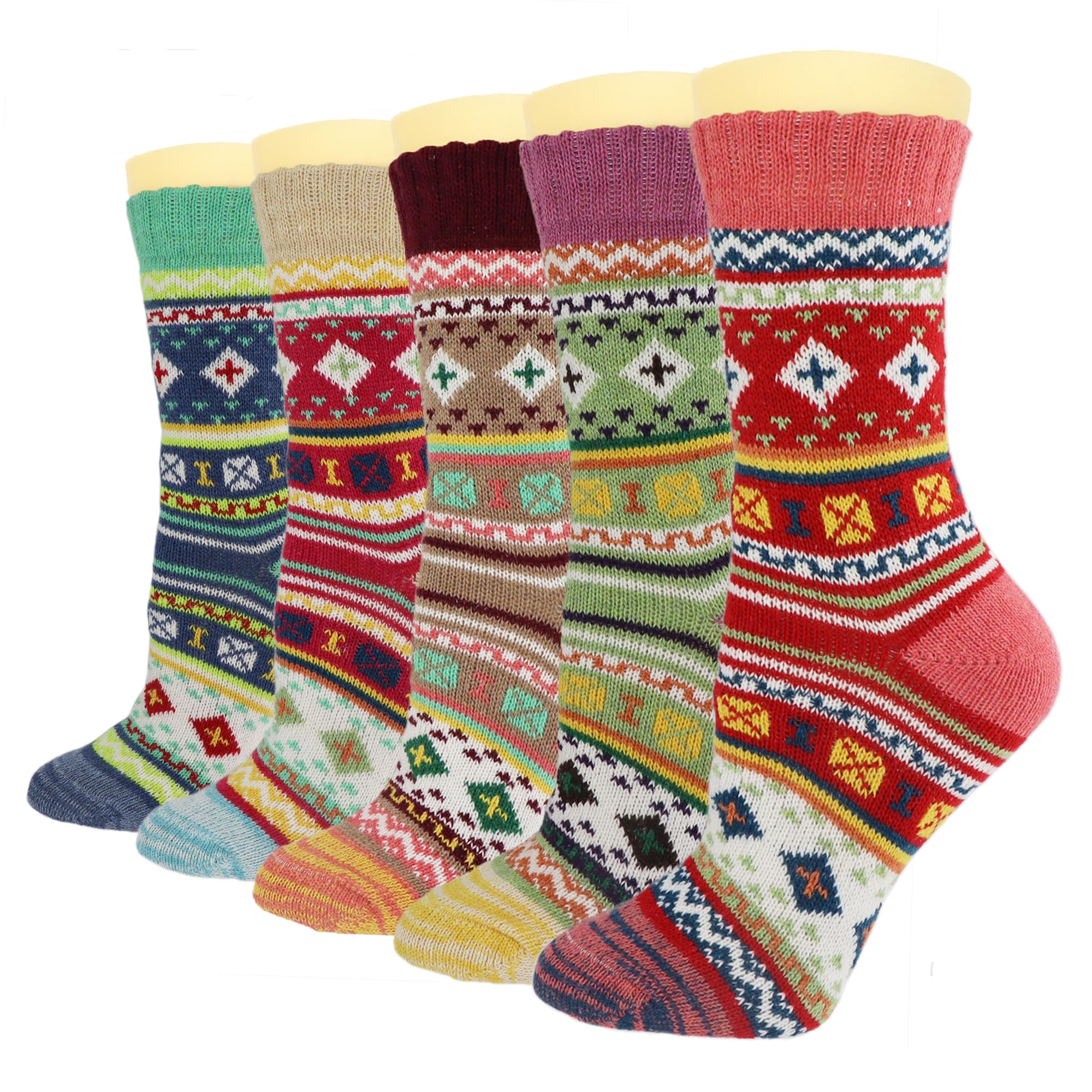 YZKKE 5Pack Womens Vintage Winter Soft Warm Thick Cold Knit Wool Crew Socks, Multicolor, free size