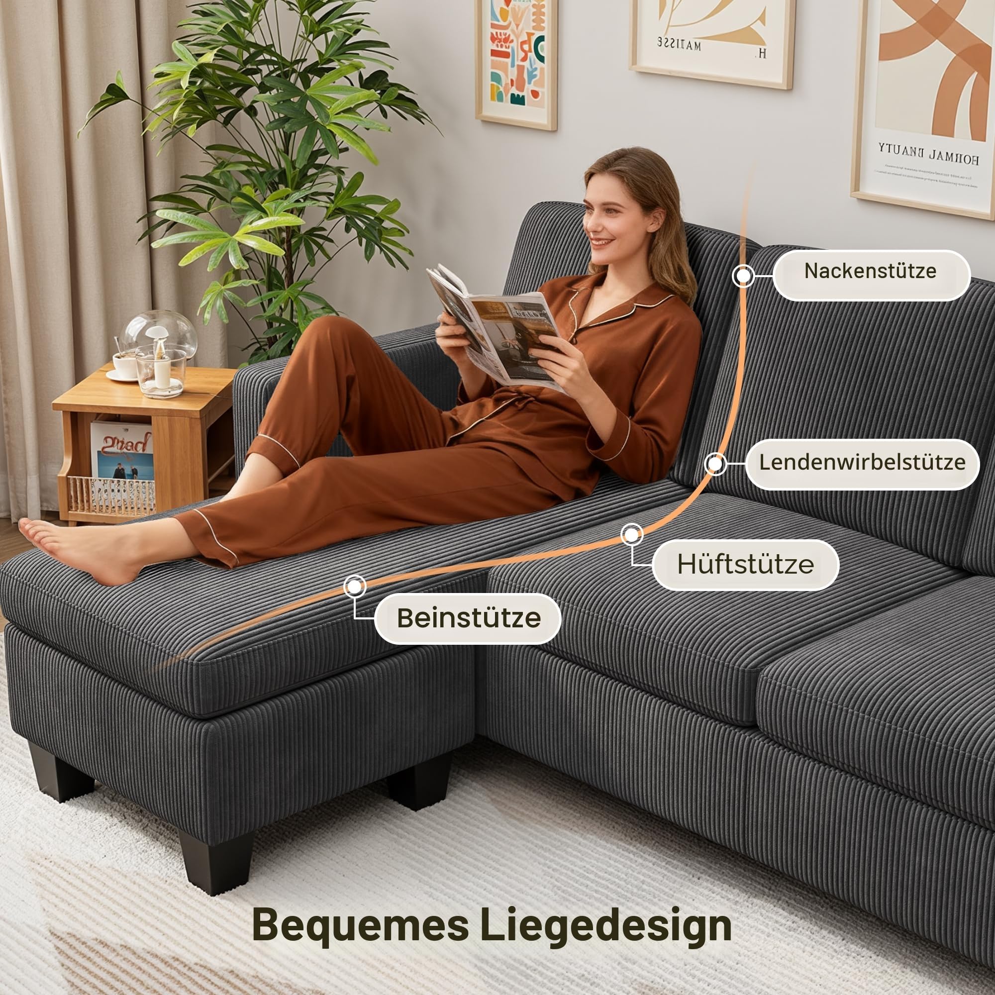 Xbro Ecksofa, Eckcouch L-Form Sofa Mit Ottomane, 3-Sitzer Wohnzimmer Sofa Für Kleine Räume, Modulare Chaiselongue, Cordbezug, Ergonomische Polsterung, 188 x 136,5 x 89 cm, Dunkelgrau