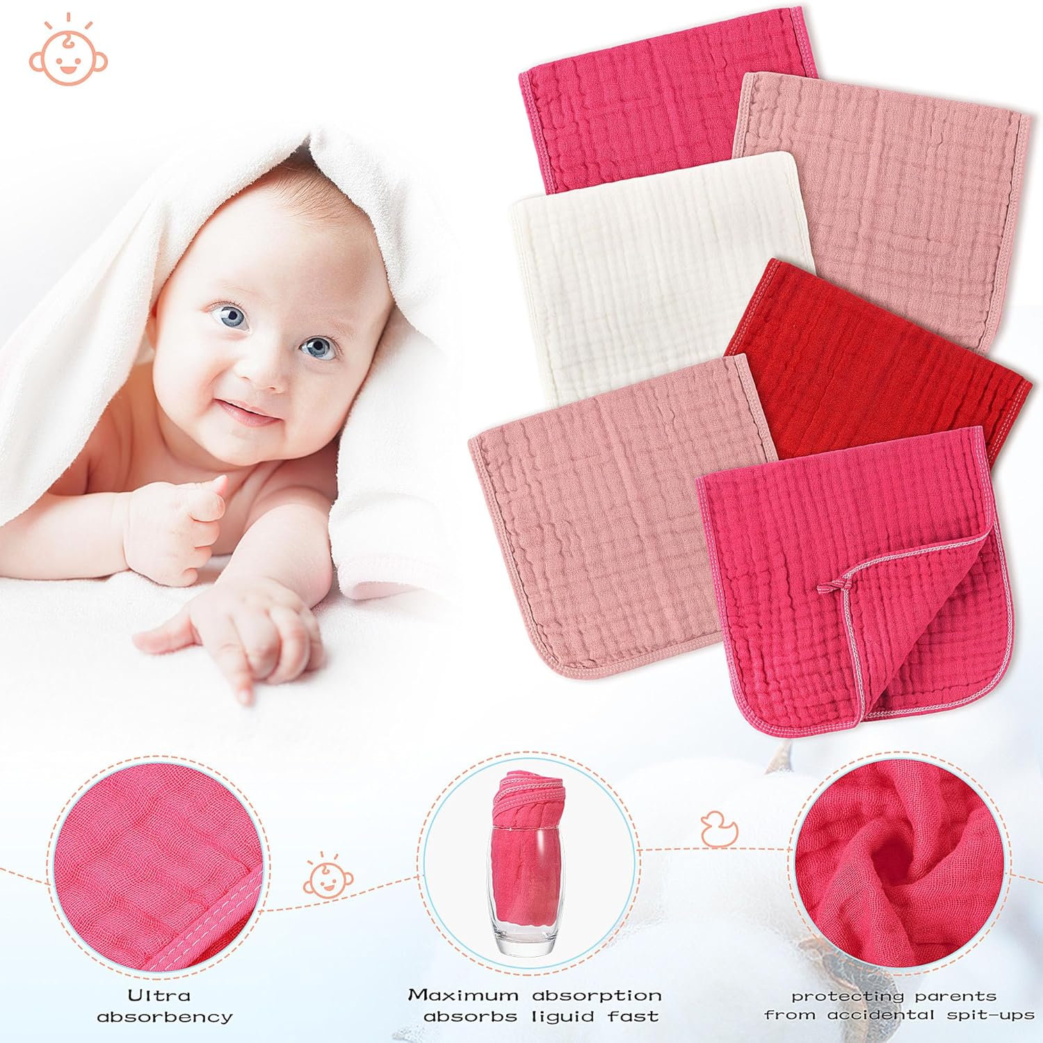 Buryeah Muslin 20 Pcs Burp Cloths Large 20" x 10" 100% Cotton 6 Layers Ultra Absorbent and Soft Hand Washcloths for Baby Drool and Messes Gentle Burp Cloth for Boys & Girls(Bright Colors)