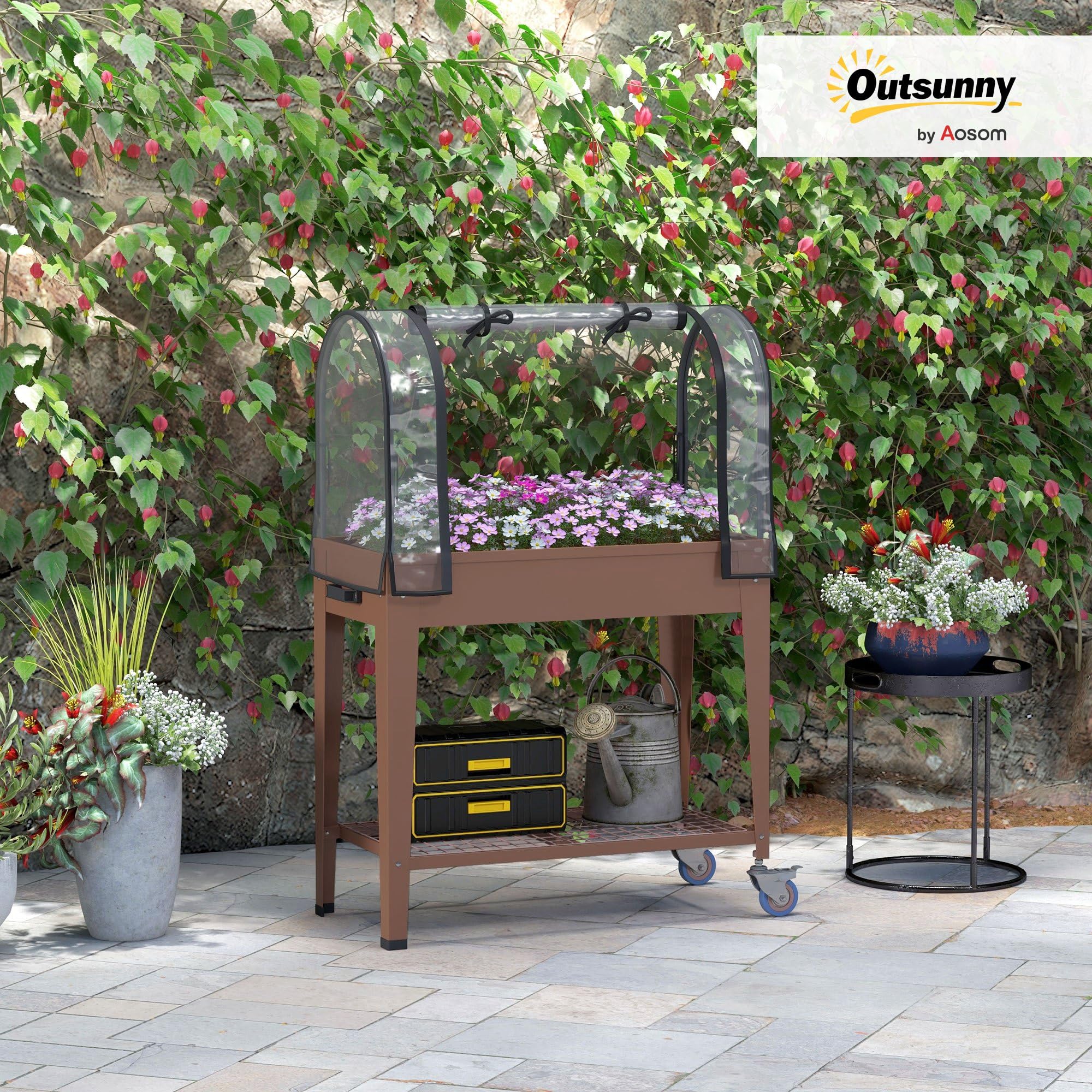 Outsunny Huerto Urbano Elevado con Ruedas, Mesa de Cultivo con Cubierta PVC de Invernadero y Estante Inferior para Cultivo, Plantas, Flores y Verduras, 80x40x120 cm, Marrón