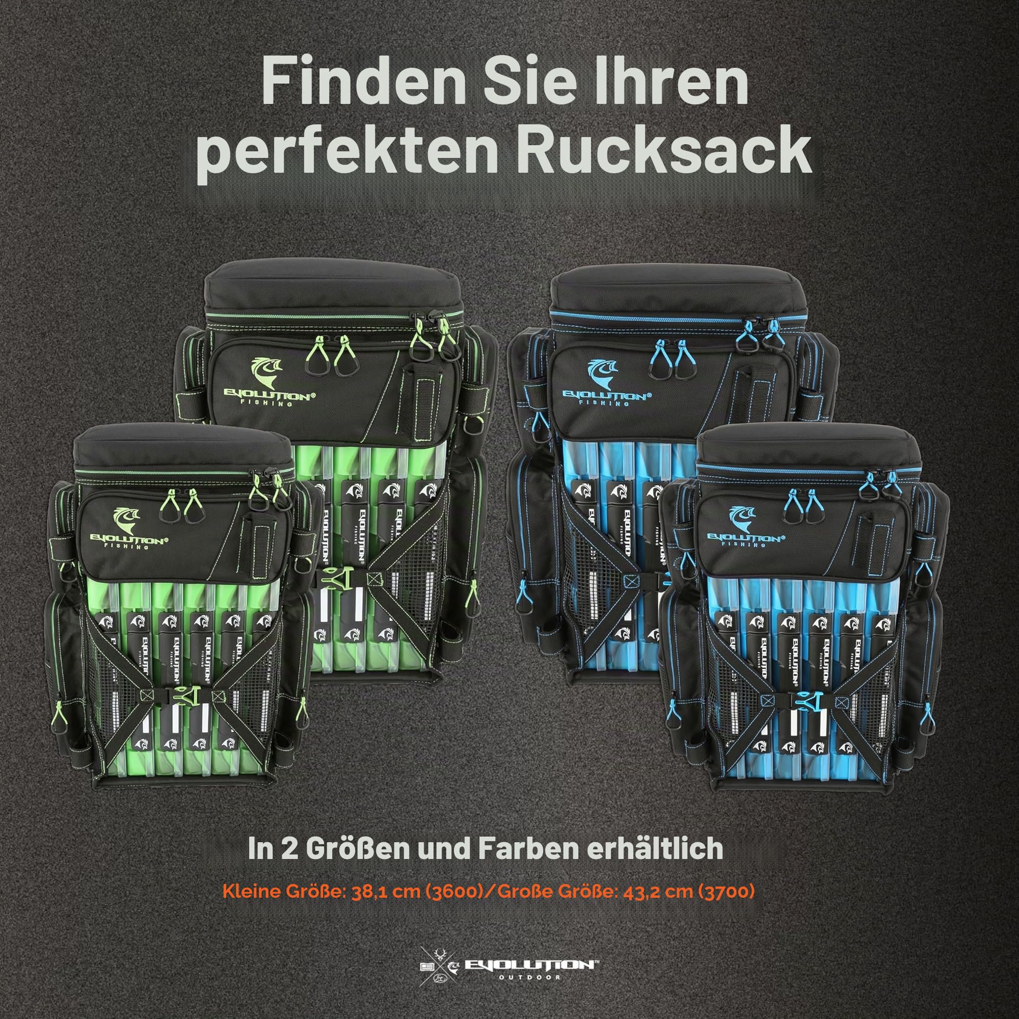 Evolution Fishing Drift-Serie 3700 Angelrucksack mit QuikLatch-System und 2 Rutenhaltern, robust, mit 6Tackle-Boxen, Grün