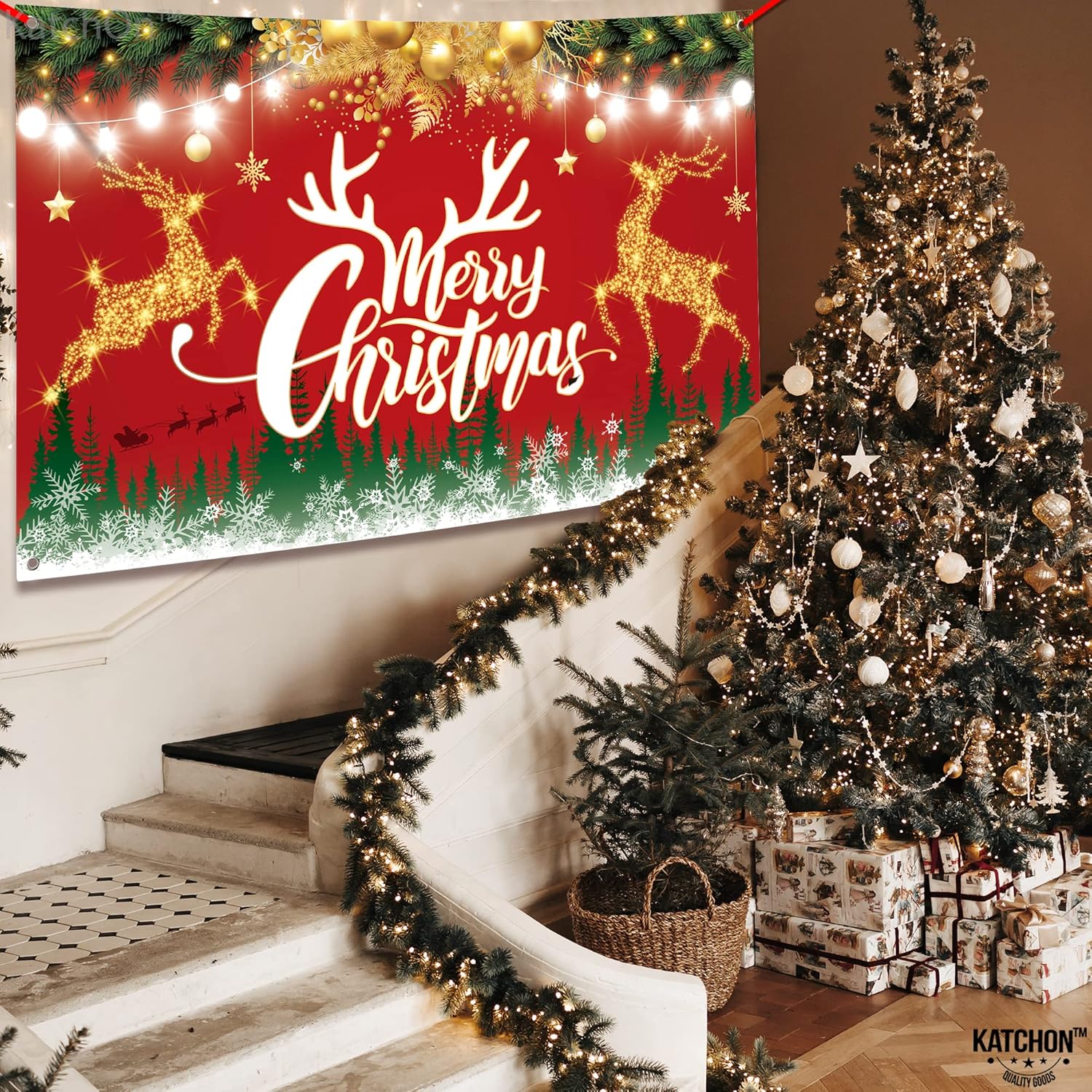 KatchOn XtraLarge Merry Christmas Banner - 72x44 Inch | Red Christmas Backdrop for Party Decorations | Lighted Letters Banner