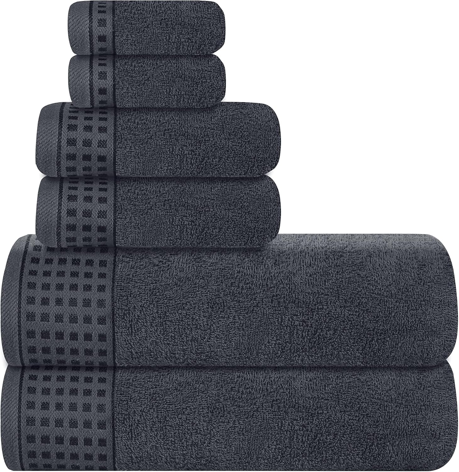 GLAMBURG 100% Cotton Ultra Soft 6 Pack Towel Set, Contains 2 Bath Towels 28x55 Inches, 2 Hand Towels 16x24 Inches & 2 Wash Coths 12x12 Inches, Compact Absorbent Lightweight & Quickdry - Charcoal Grey
