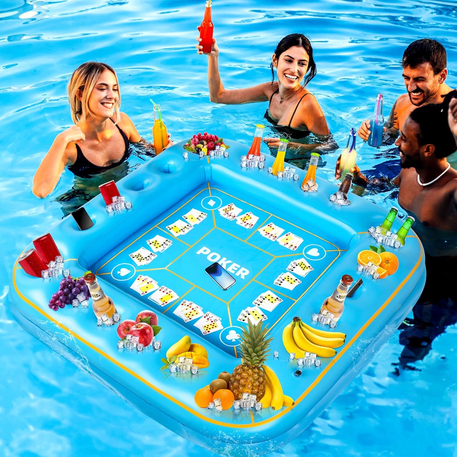 Elcoho Extra Large Floating Table for Pool Game with Waterproof Playing Cards 55 x 55 Inch Inflatable Food Drink Holder Cooler Pool Accessories Hot Tub Tray for Outdoor Summer Beach Party