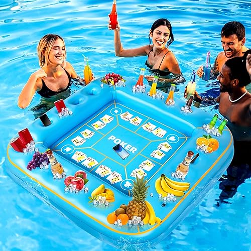 Elcoho Mesa de juego inflable extra grande de 55 x 55 pulgadas con naipes impermeables, mesa de billar flotante, soporte para bebidas, bandeja