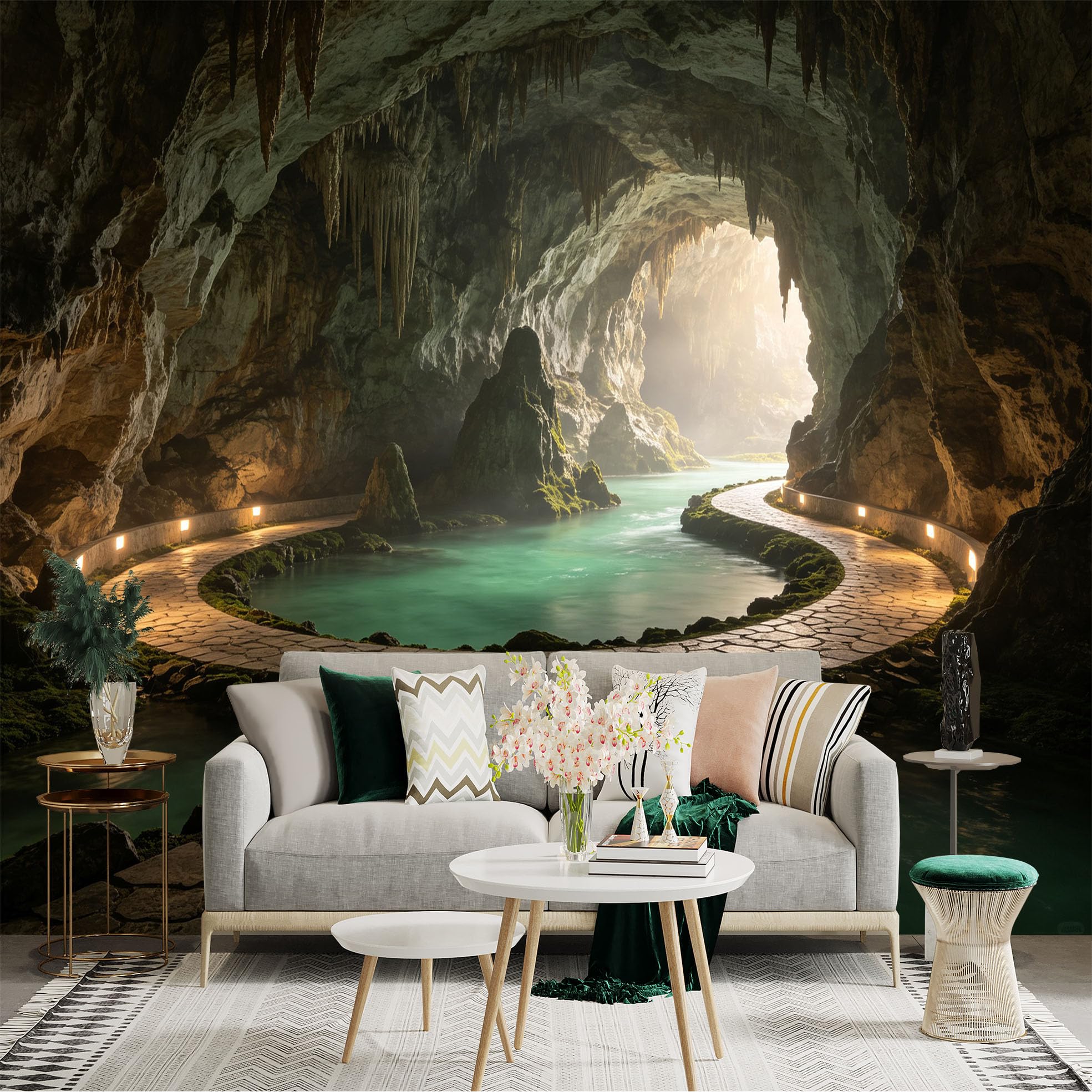 Custom Size Wall Sticker Mural， Mysterious Limestone Cave， Underground River with Stone Pathway， Natural Rock Formations， for wall Decoration， peelandstick wall Decals.